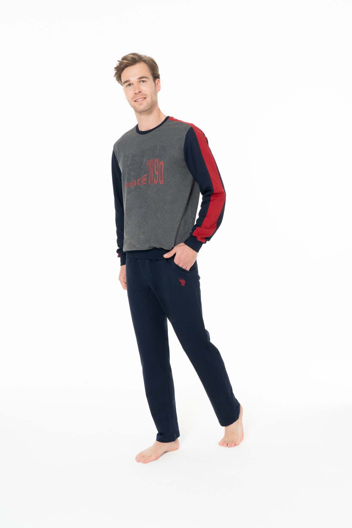 U.S. Polo Assn. 18939 Erkek Antrasıt Melanj Yuvarlak Yaka Uzun Kollu Pijama Takımı