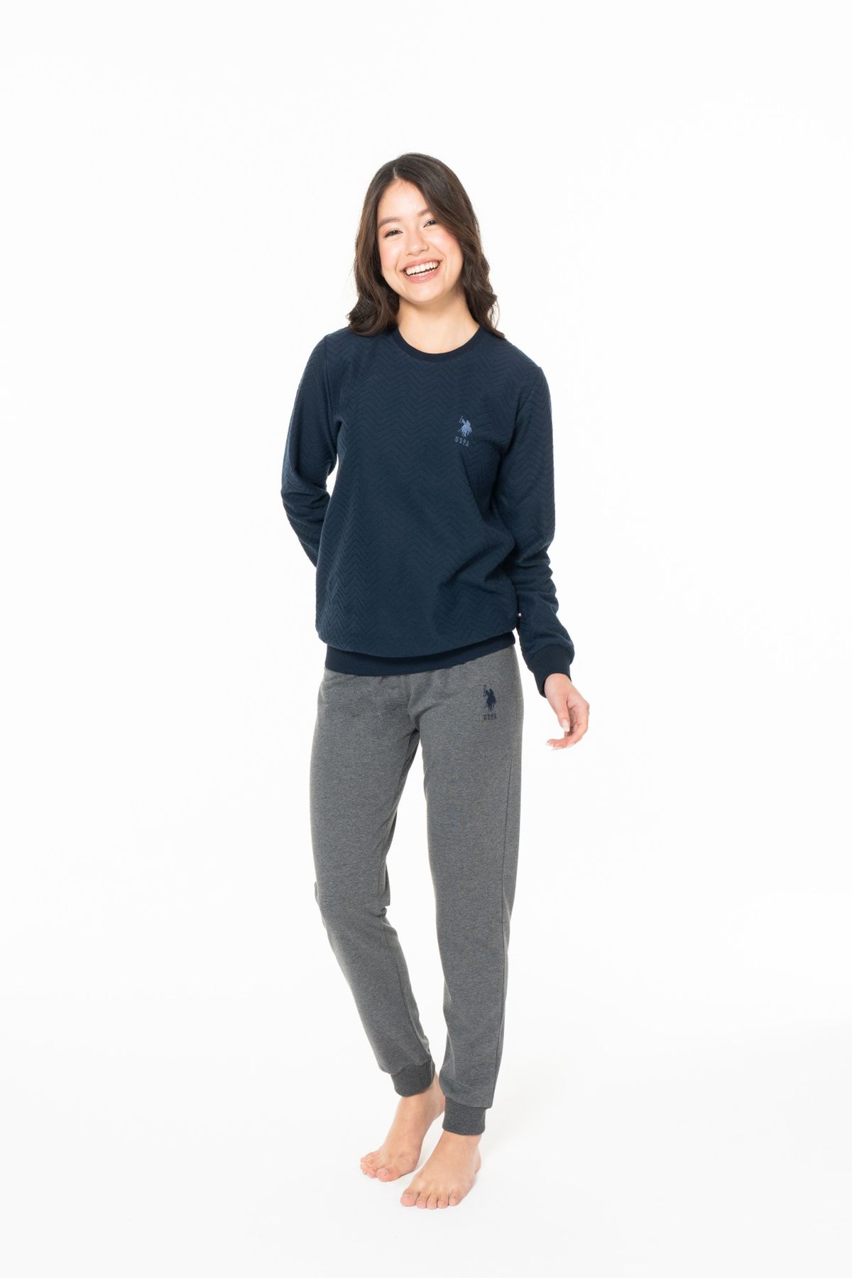 U.S. Polo Assn. 20125 Kadın Lacıvert Yuvarlak Yaka Uzun Kollu Pijama Takımı