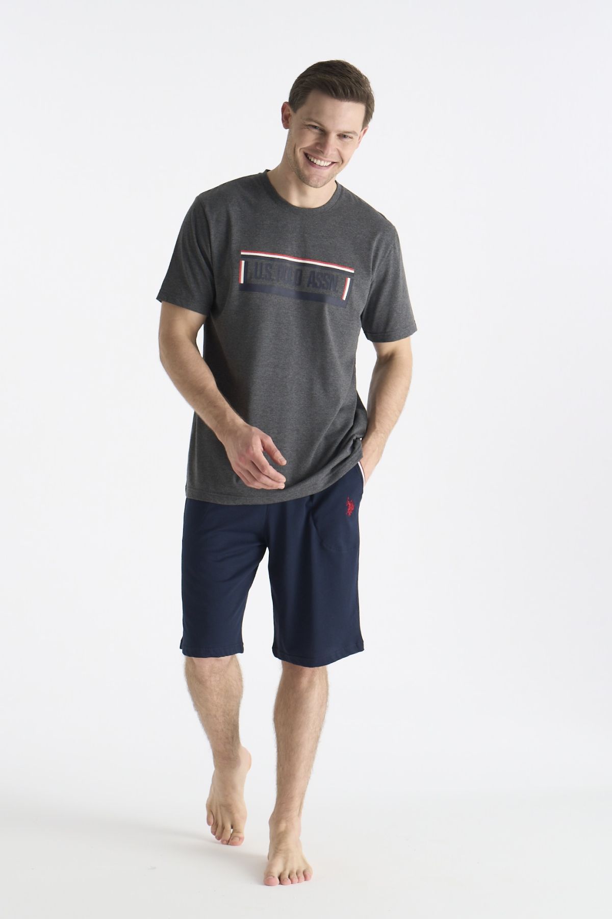 U.S. Polo Assn. 19006 Erkek Antrasıt Melanj Kısa Kollu Yuvarlak Yaka Şort Takımı