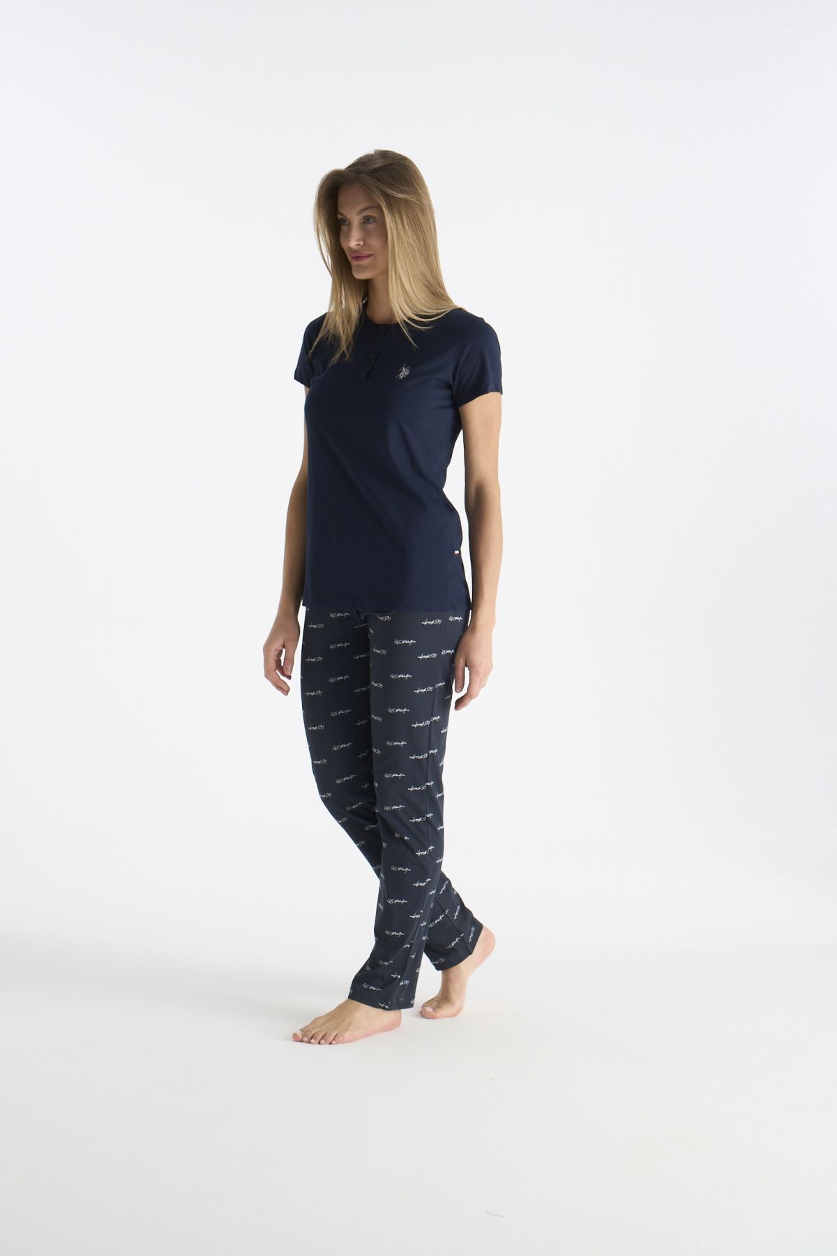 U.S. Polo Assn. 20214 Kadın Lacıvert Kısa Kollu Yarım Patlı Pijama Takımı