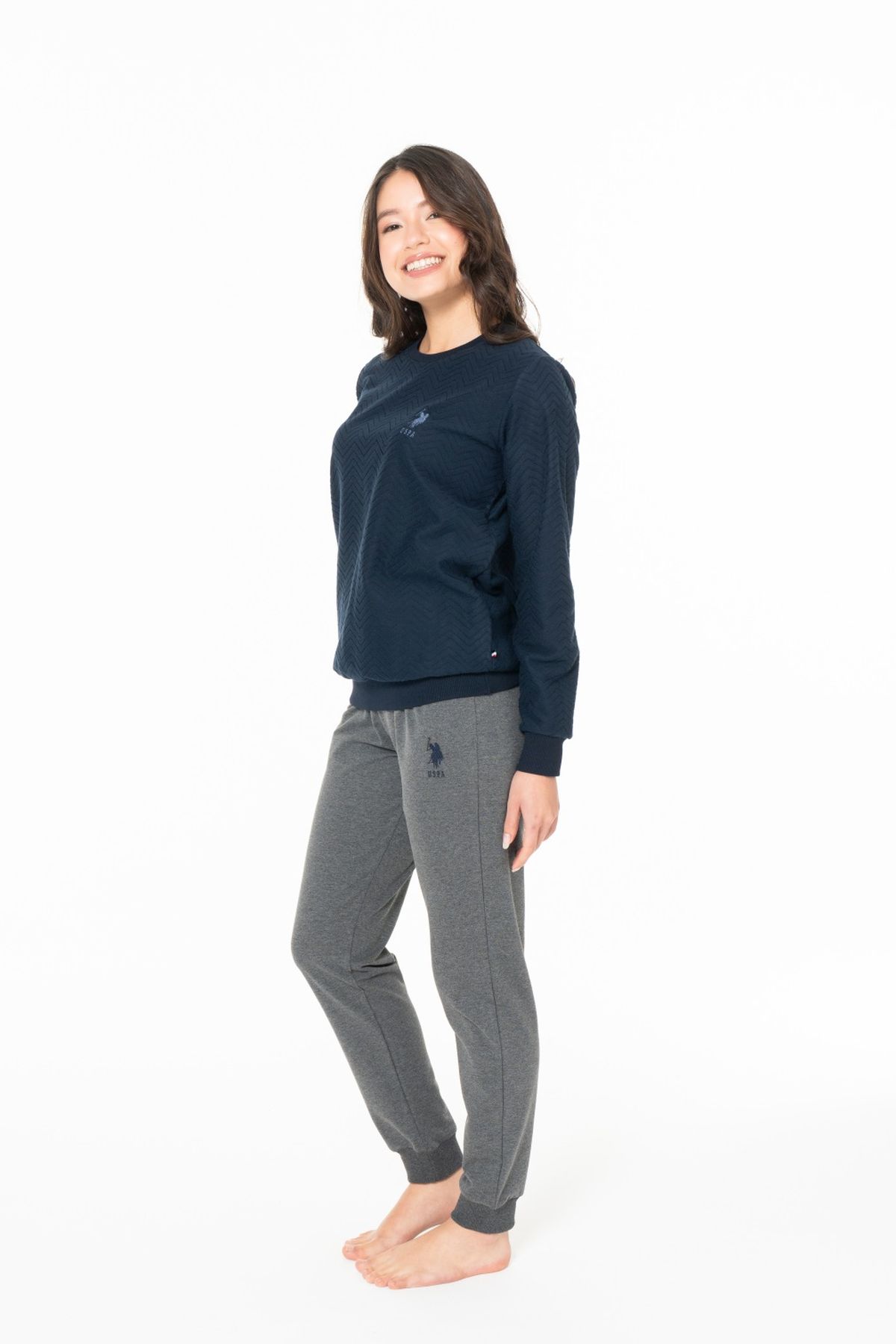 U.S. Polo Assn. 20125 Kadın Lacıvert Yuvarlak Yaka Uzun Kollu Pijama Takımı