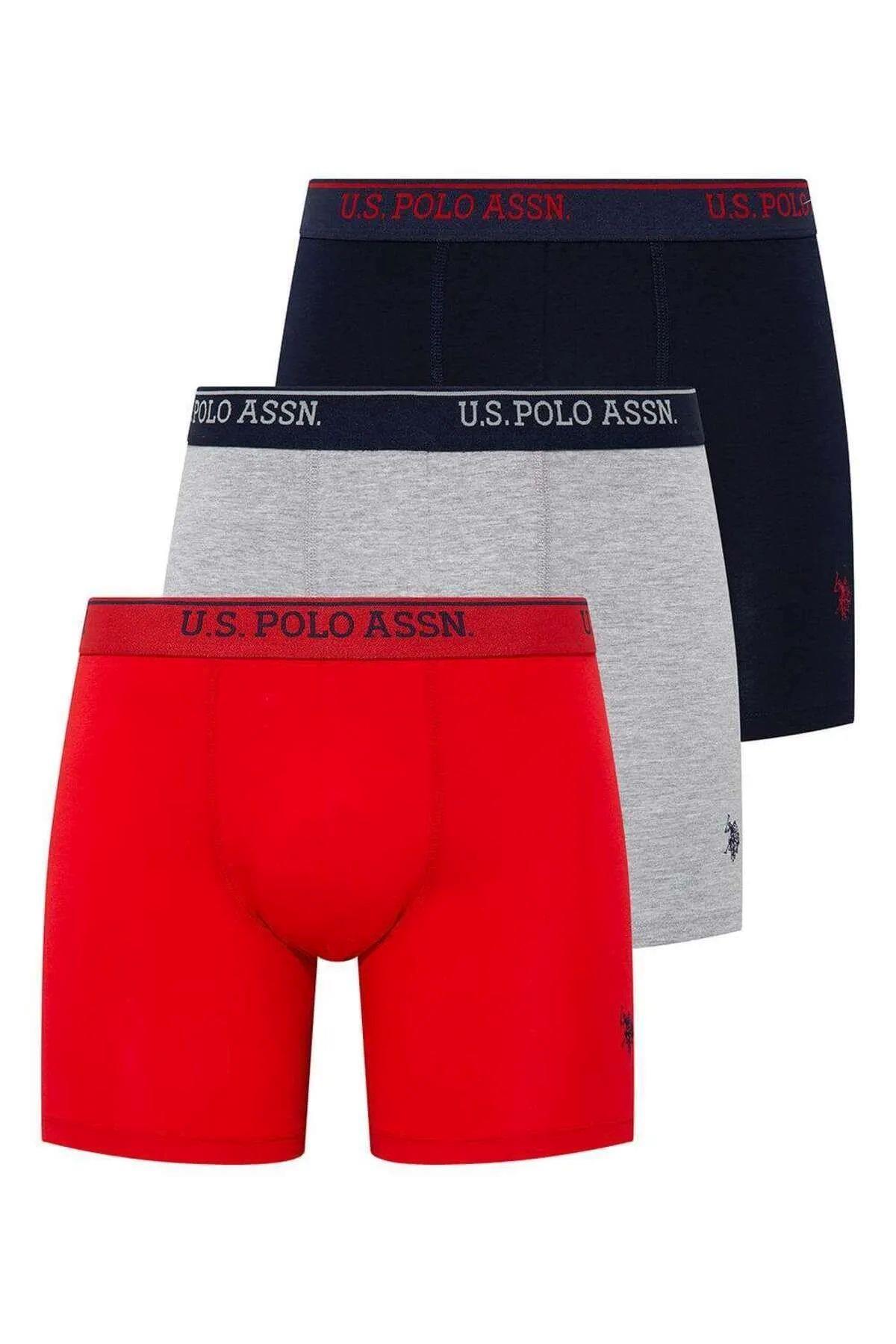 U.S. Polo Assn. 80454 Erkek Kırmızı-Lacivert-Gri Pamuklu 3 Lü Uzun Paçalı BoxerBoxerU.S. Polo Assn.