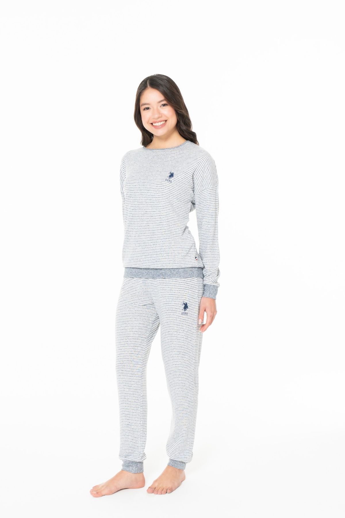 U.S. Polo Assn. 20128 Kadın Lacıvert Melanj Yuvarlak Yaka Uzun Kollu Pijama Takımı