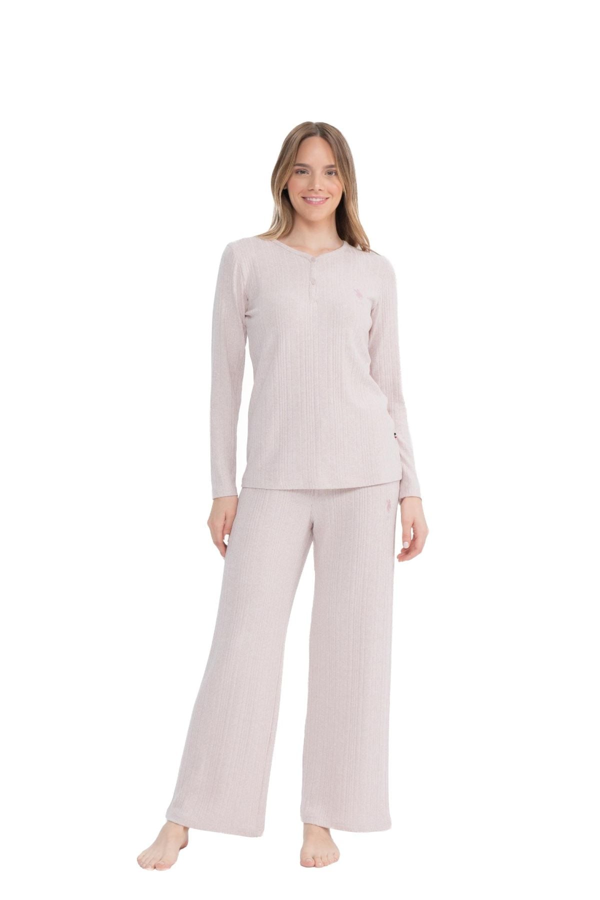 U.S. Polo Assn. 17129 Kadın Pembe Uzun Kollu Patlı Pijama Takım