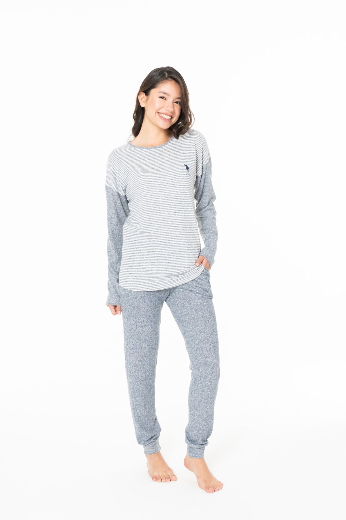 U.S. Polo Assn. 20129 Kadın Lacıvert Melanj Yuvarlak Yaka Uzun Kollu Pijama Takımı