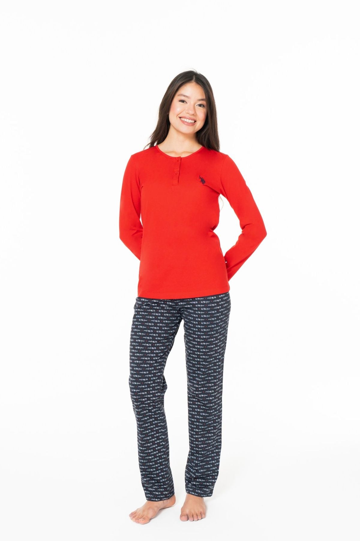 U.S. Polo Assn. 20146B Kadın Kırmızı Yuvarlak Yaka Uzun Kollu Pijama Takımı