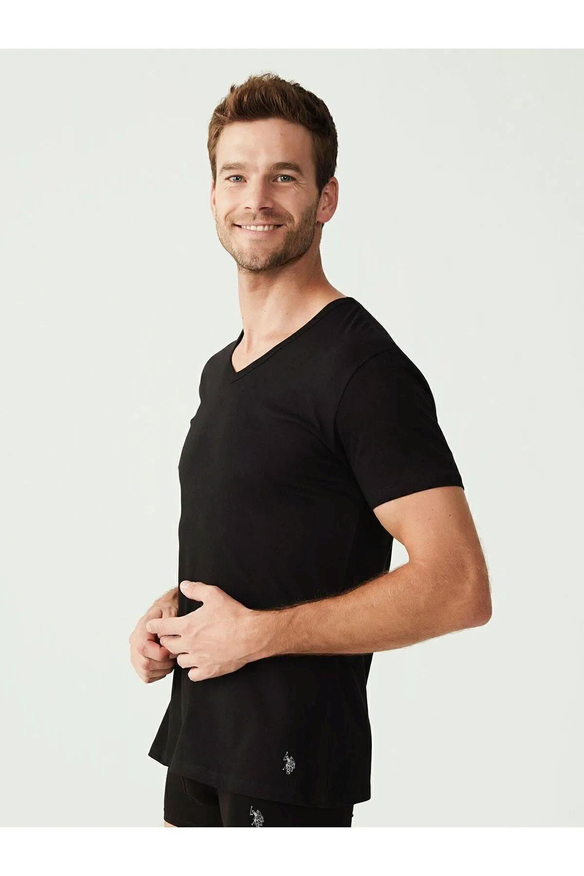 U.S. Polo Assn. 90001 Erkek Siyah Pamuklu Battal Beden 2 Li V Yaka T-Shirt