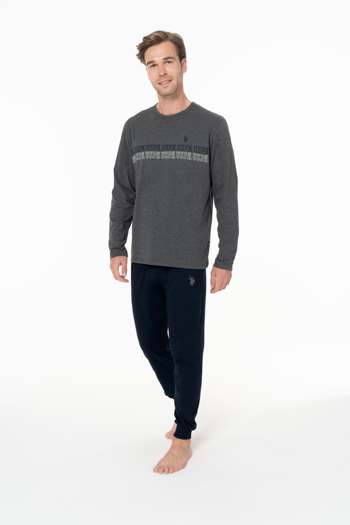 U.S. Polo Assn. 18953 Erkek Antrasıt Melanj Yuvarlak Yaka Uzun Kollu Pijama Takımı