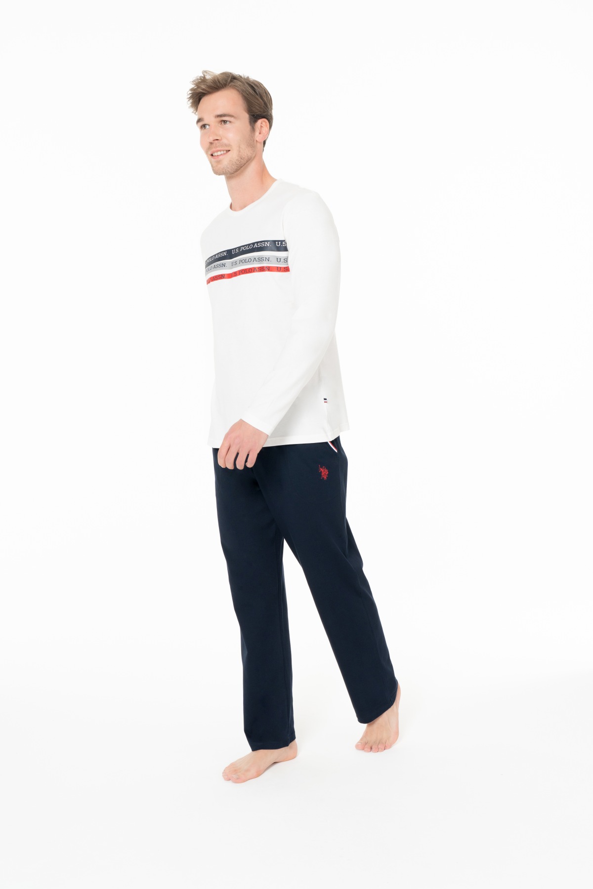 U.S. Polo Assn. 18947 Erkek Ekru Yuvarlak Yaka Uzun Kollu Pijama Takımı