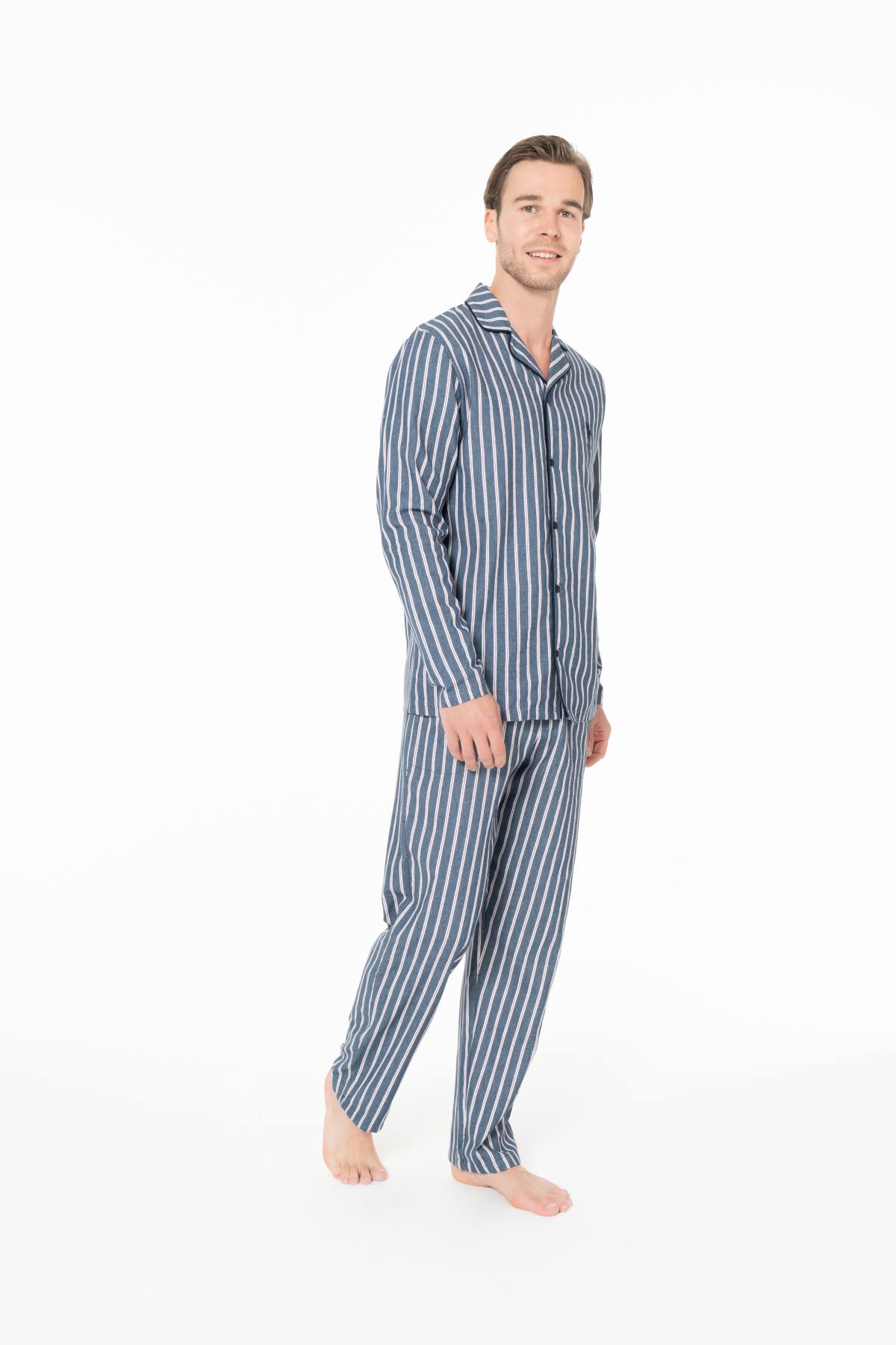 U.S. Polo Assn. 18978 Erkek Lacıvert Önden Düğme Detaylı Uzun Kollu Pijama Takımı