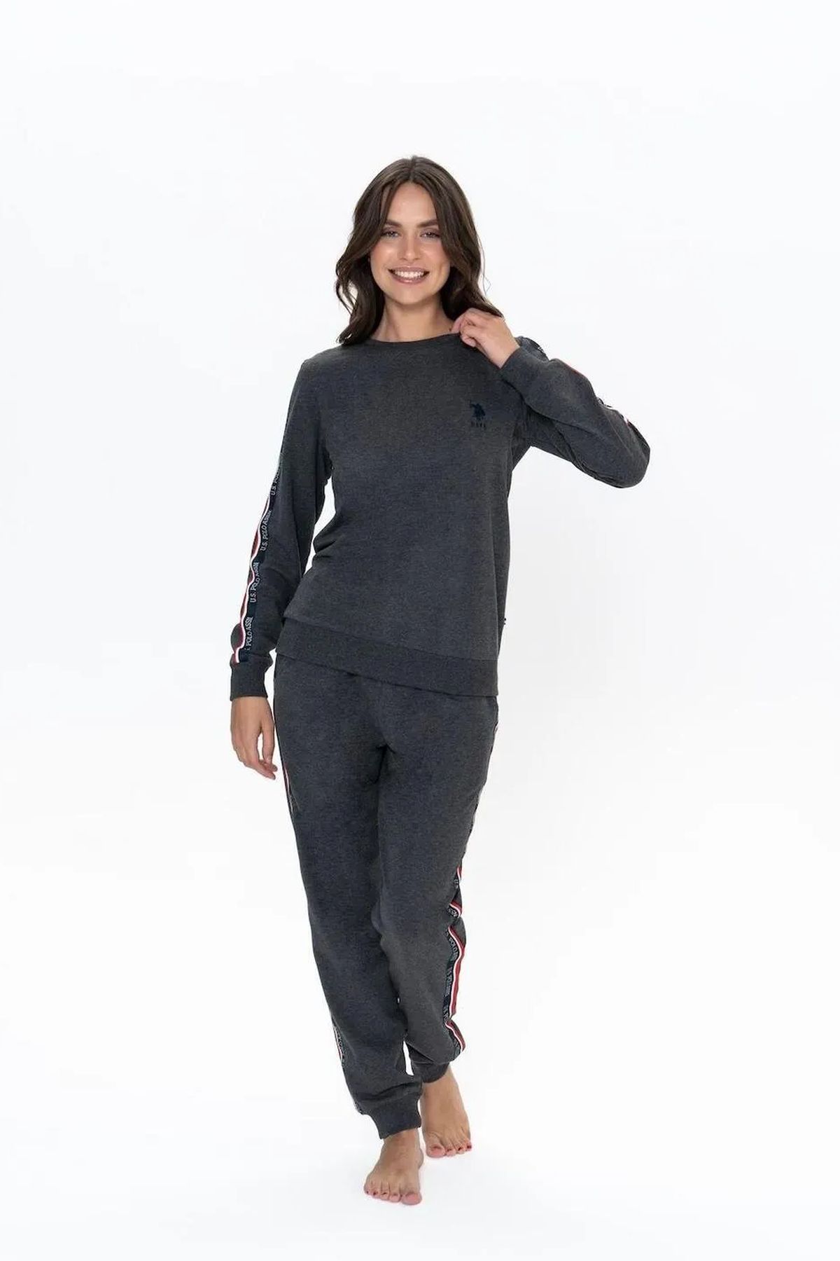 U.S. Polo Assn. 20113 Kadın Antrasıt Melanj Uzun Kollu Yuvarlak Yaka Pijama Takımı