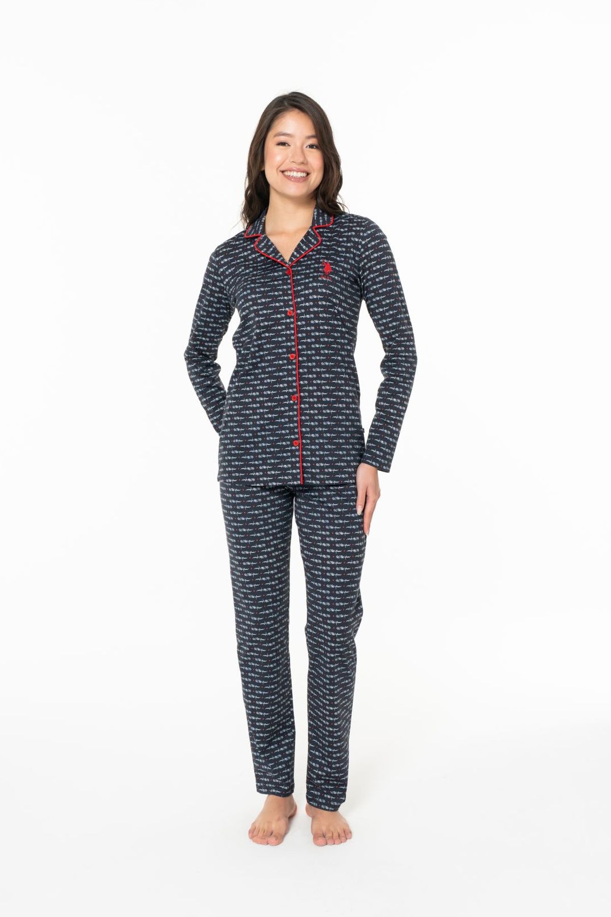 U.S. Polo Assn. 20144 Kadın Lacıvert V Yaka Uzun Kollu Çizgili Pijama Takımı
