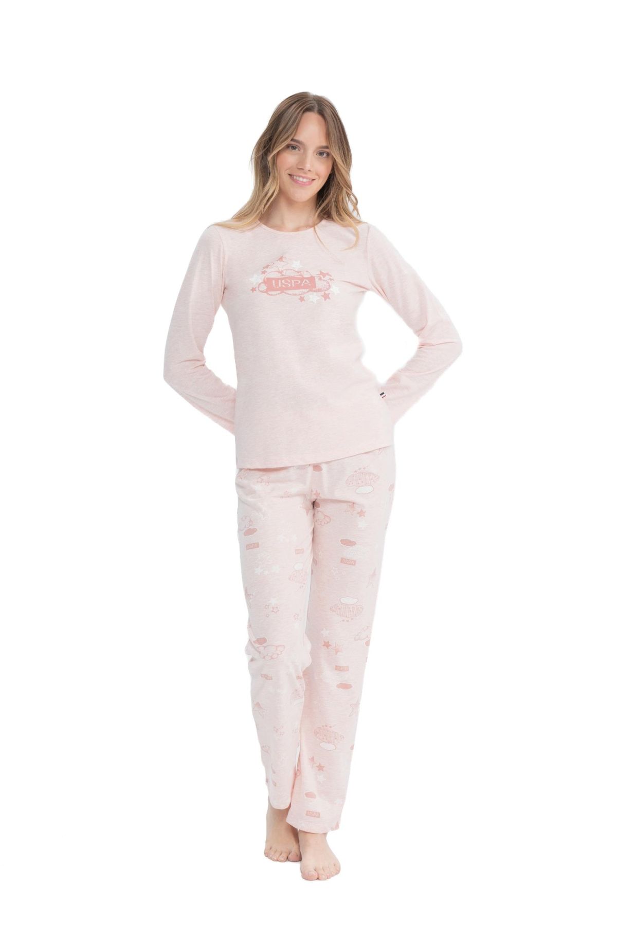U.S. Polo Assn. 17122 Kadın Pembe Melanj Uzun Kollu Yuvarlak Yaka Pijama Takım