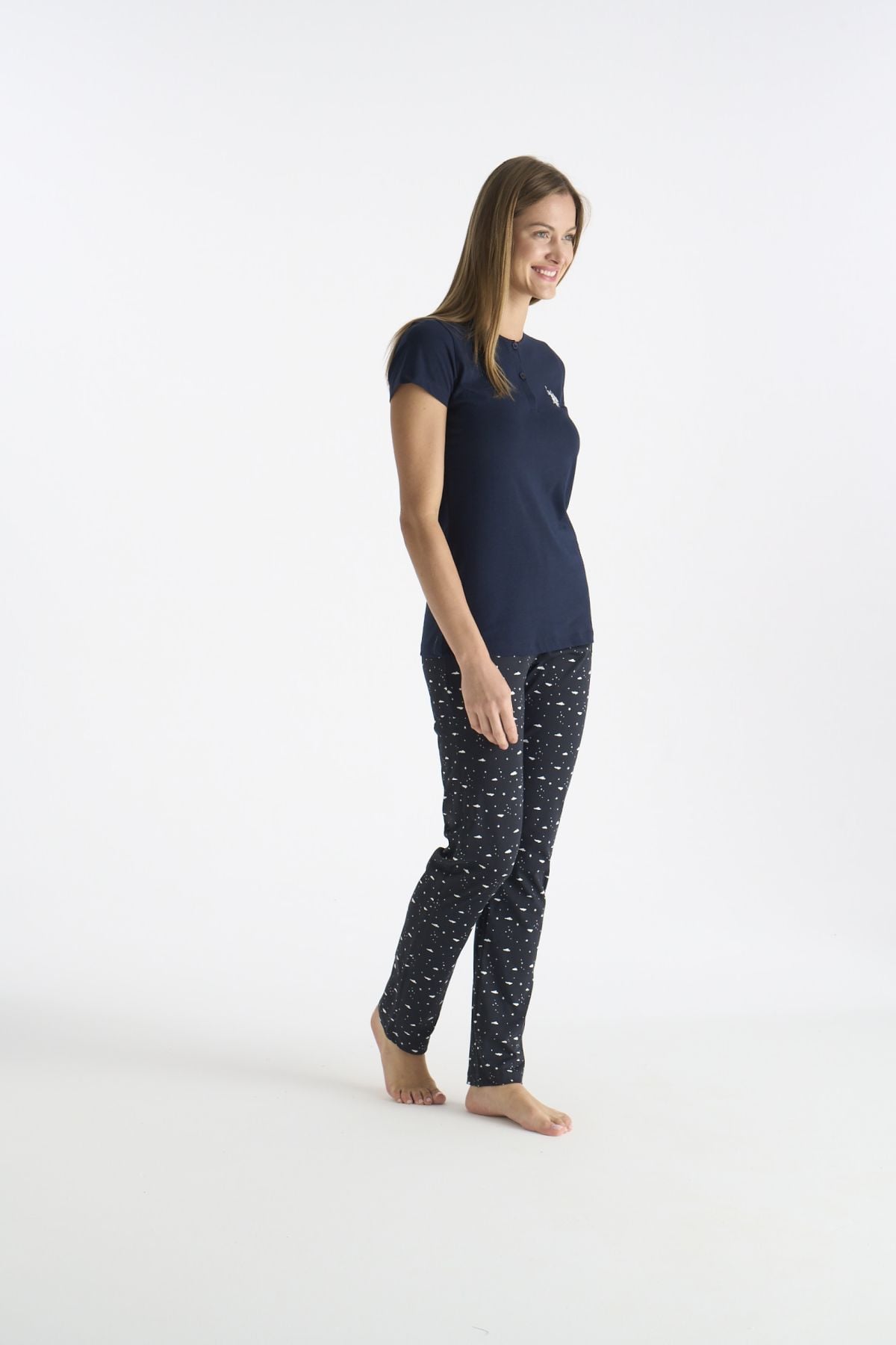 U.S. Polo Assn. 20231 Kadın Lacıvert Kısa Kollu Yarım Patlı Pijama Takımı