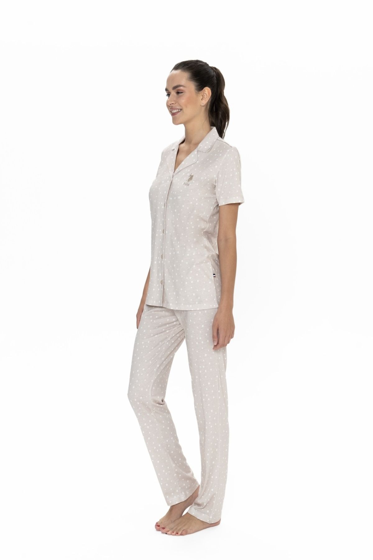 U.S. Polo Assn. 20051 Kadın Bej Kısa Kollu Boydan Patlı Pijama Takımı