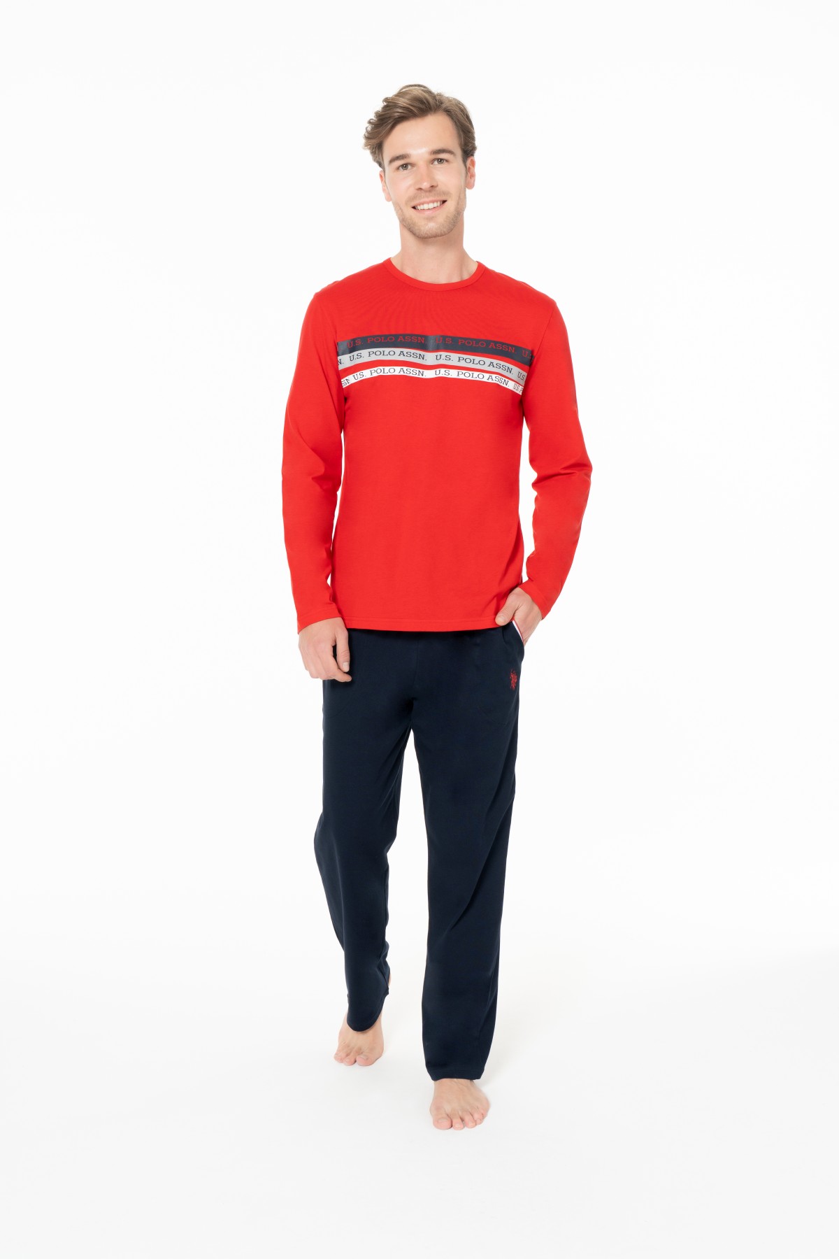 U.S. Polo Assn. 18947 Erkek Kırmızı Yuvarlak Yaka Uzun Kollu Pijama Takımı