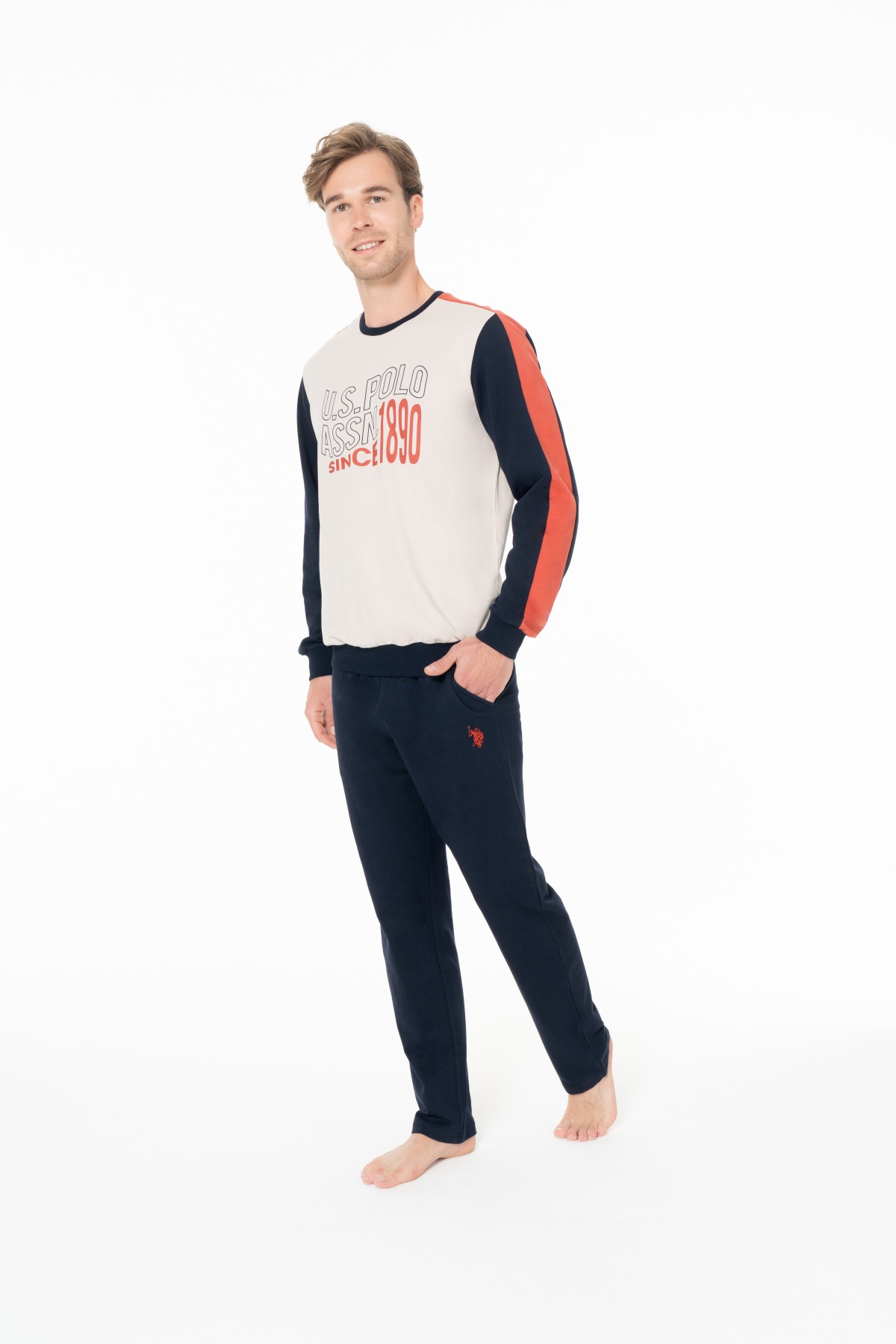 U.S. Polo Assn. 18939 Erkek Bej Yuvarlak Yaka Uzun Kollu Pijama Takımı