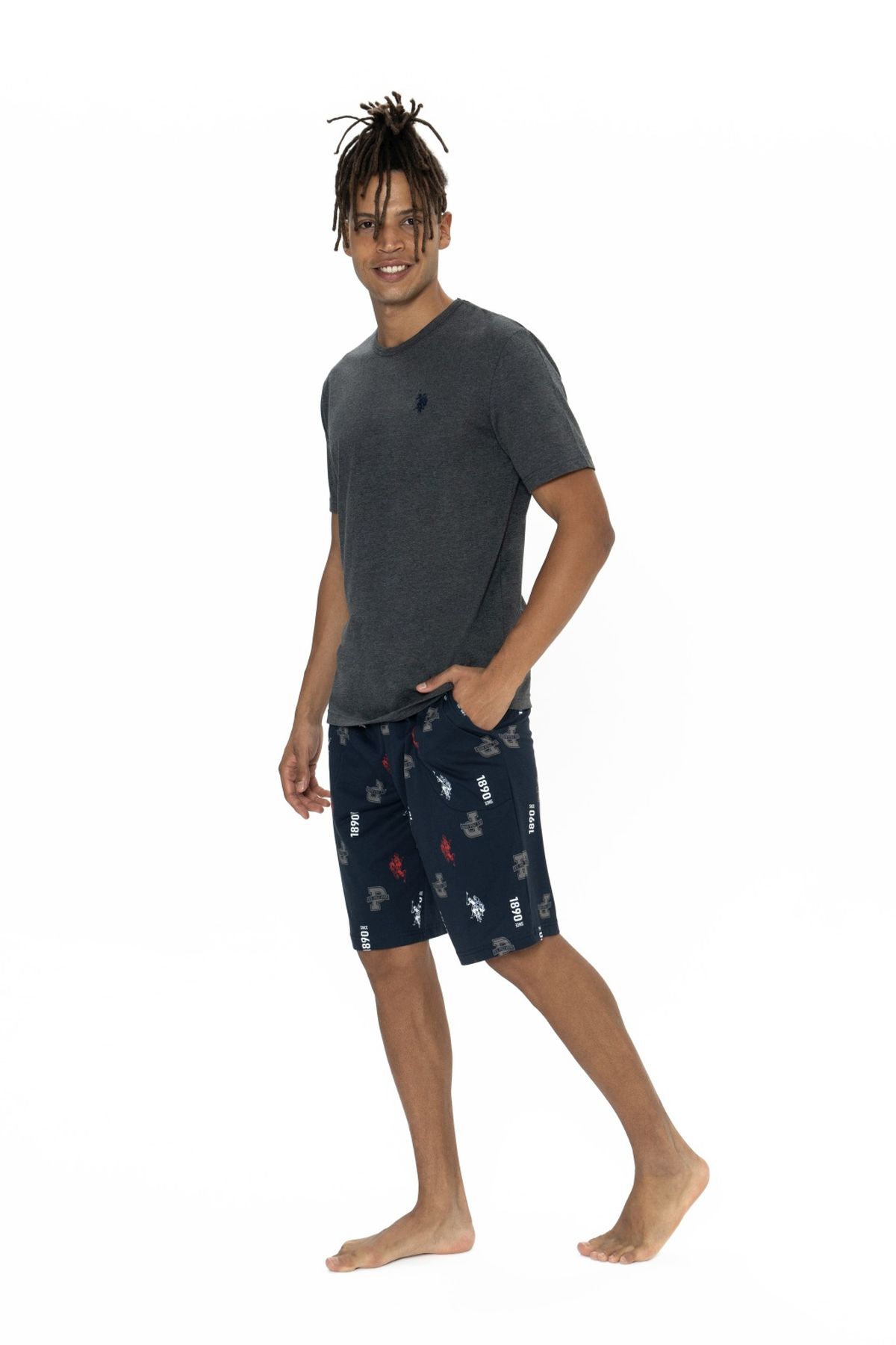 U.S. Polo Assn. 18867 Erkek Antrasıt Melanj Yarım Kollu Bisiklet Yaka Desenli Şort Takım