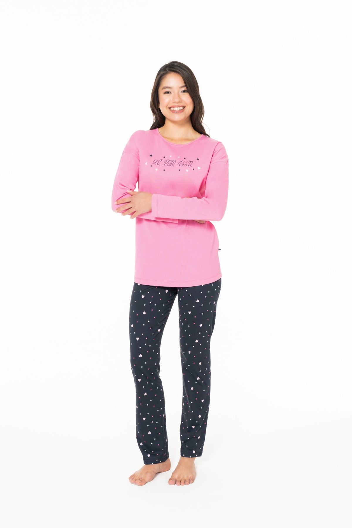U.S. Polo Assn. 20140 Kadın Fusya Yuvarlak Yaka Uzun Kollu Pijama Takımı