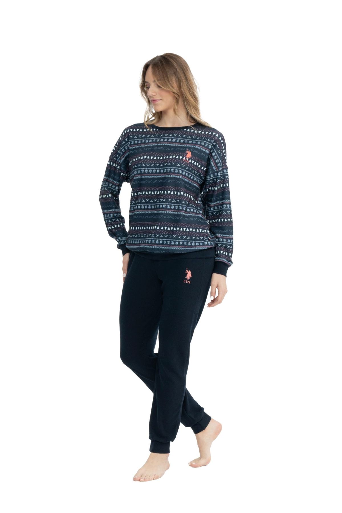U.S. Polo Assn. 17112 Kadın Lacivert Uzun Kollu Yuvarlak Yaka Pijama Takım