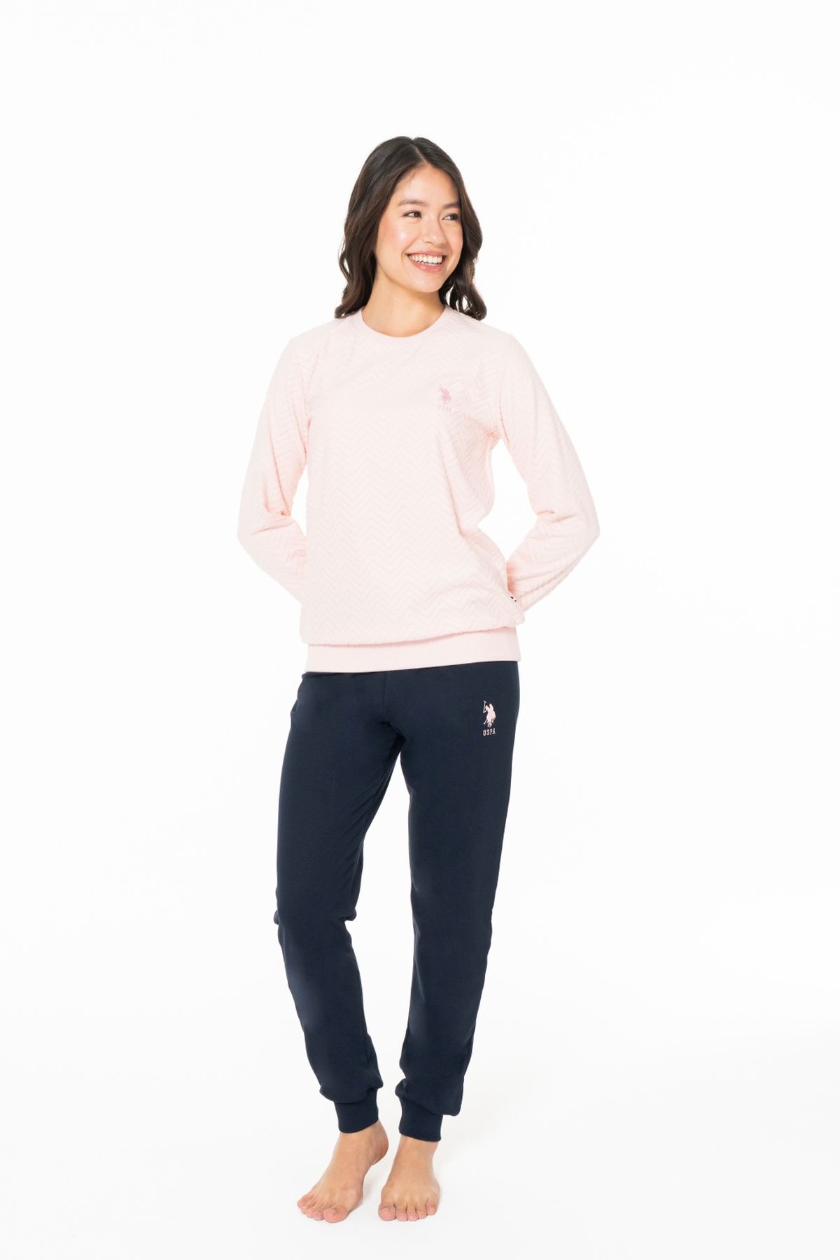 U.S. Polo Assn. 20125 Kadın Pembe Yuvarlak Yaka Uzun Kollu Pijama Takımı