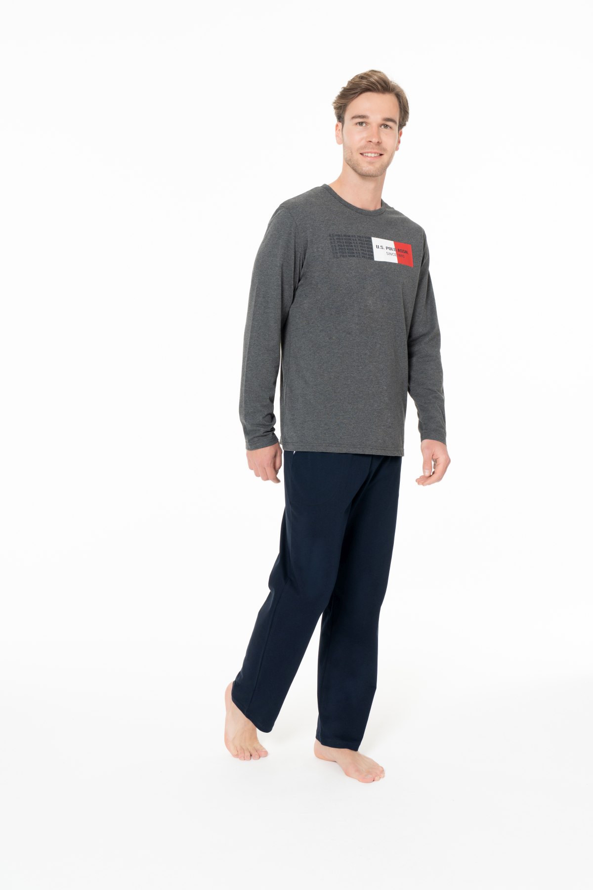 U.S. Polo Assn. 18945 Erkek Antrasıt Melanj Yuvarlak Yaka Uzun Kollu Pijama Takımı