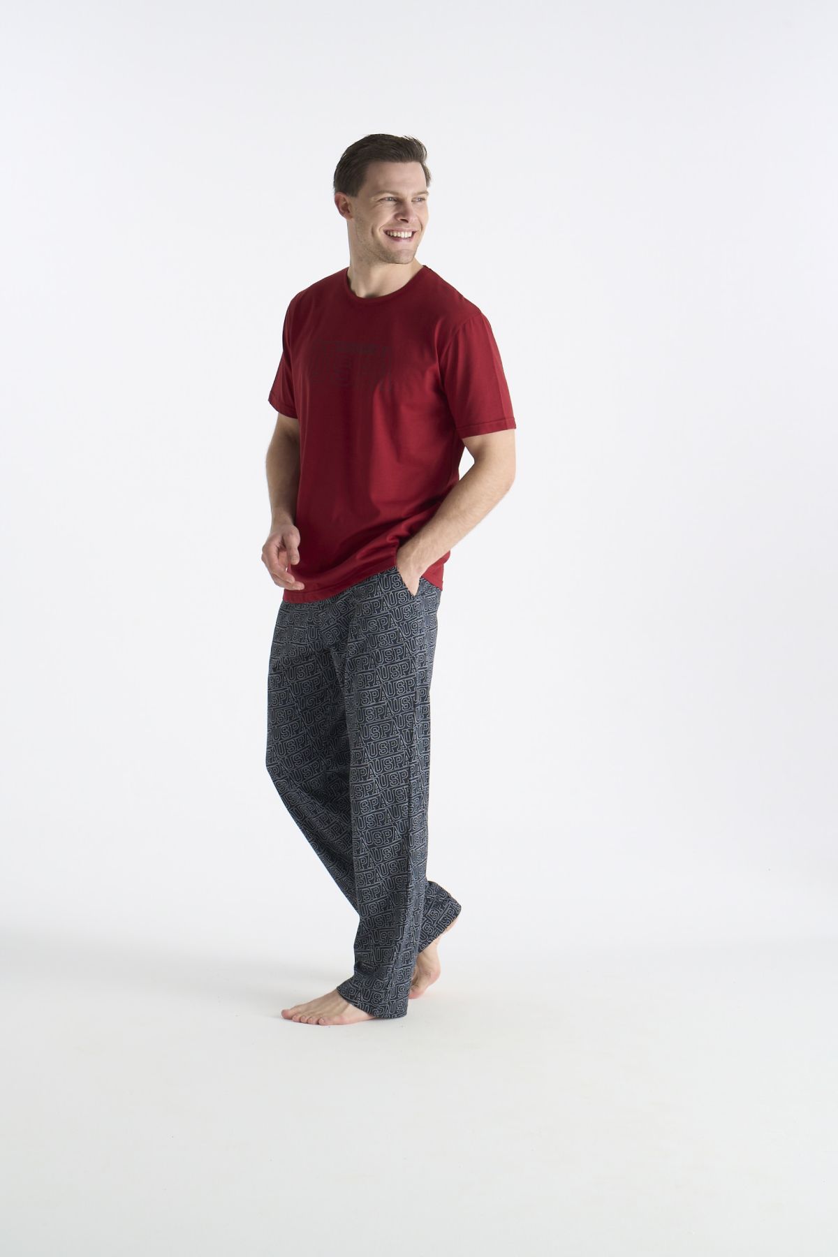 U.S. Polo Assn. 19049 Erkek Bordo Kısa Kollu Yuvarlak Yaka Pijama Takımı