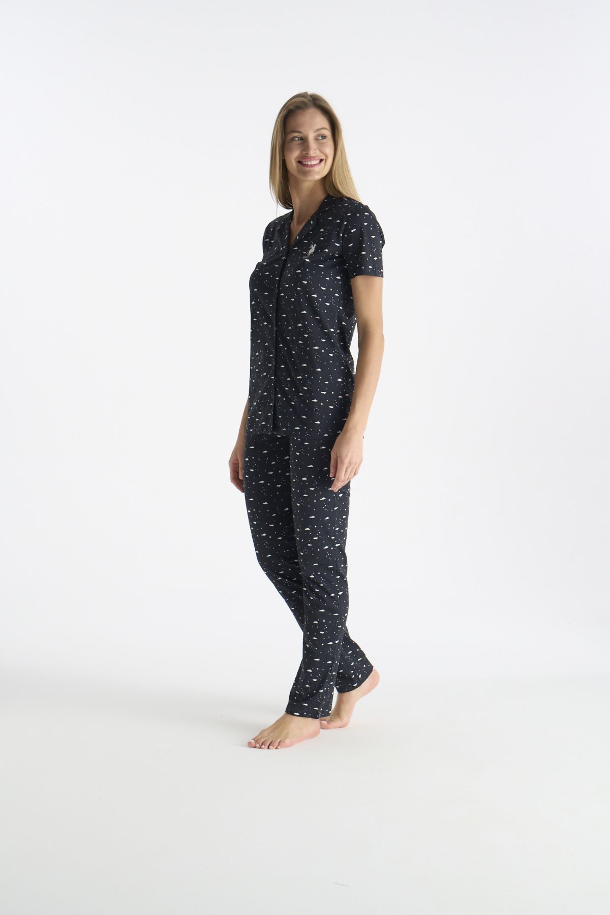 U.S. Polo Assn. 20233 Kadın Lacıvert Kısa Kollu Gömlek Yaka Önden Düğmeli Pijama Takımı