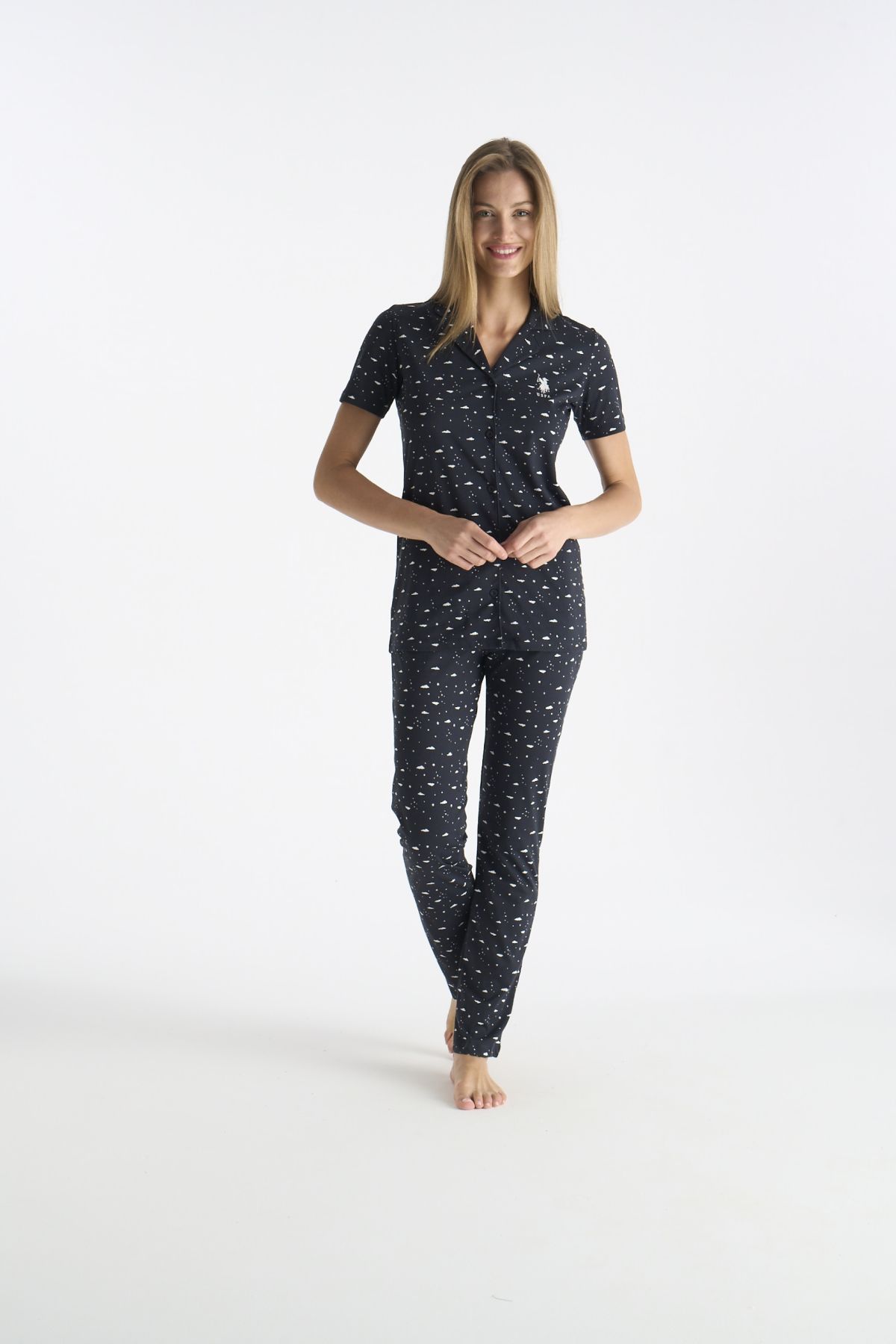 U.S. Polo Assn. 20233 Kadın Lacıvert Kısa Kollu Gömlek Yaka Önden Düğmeli Pijama Takımı