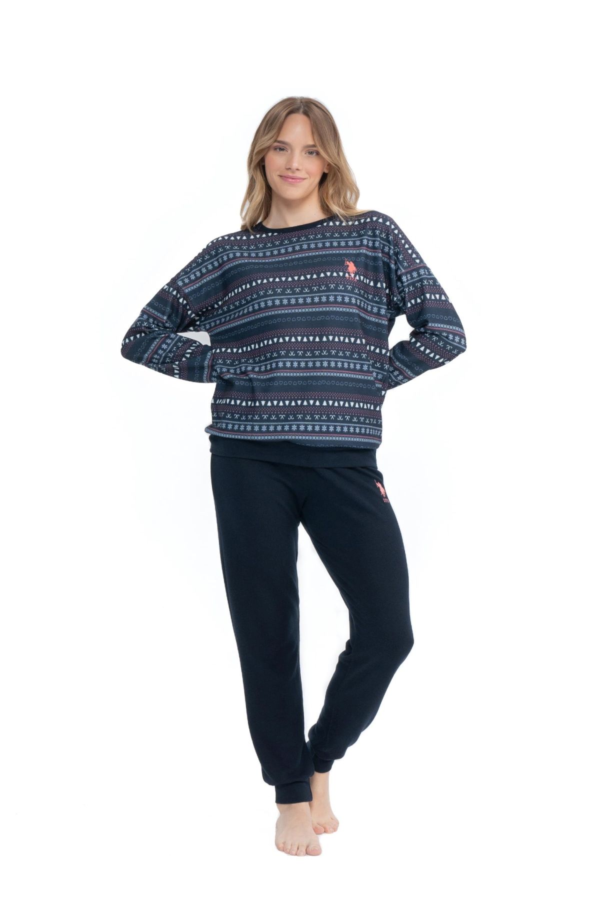 U.S. Polo Assn. 17112 Kadın Lacivert Uzun Kollu Yuvarlak Yaka Pijama Takım