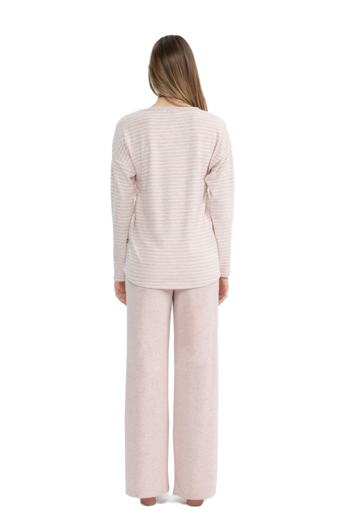 U.S. Polo Assn. 17083 Kadın Pembe Melanj Uzun Kollu Yuvarlak Yaka Pijama Takım