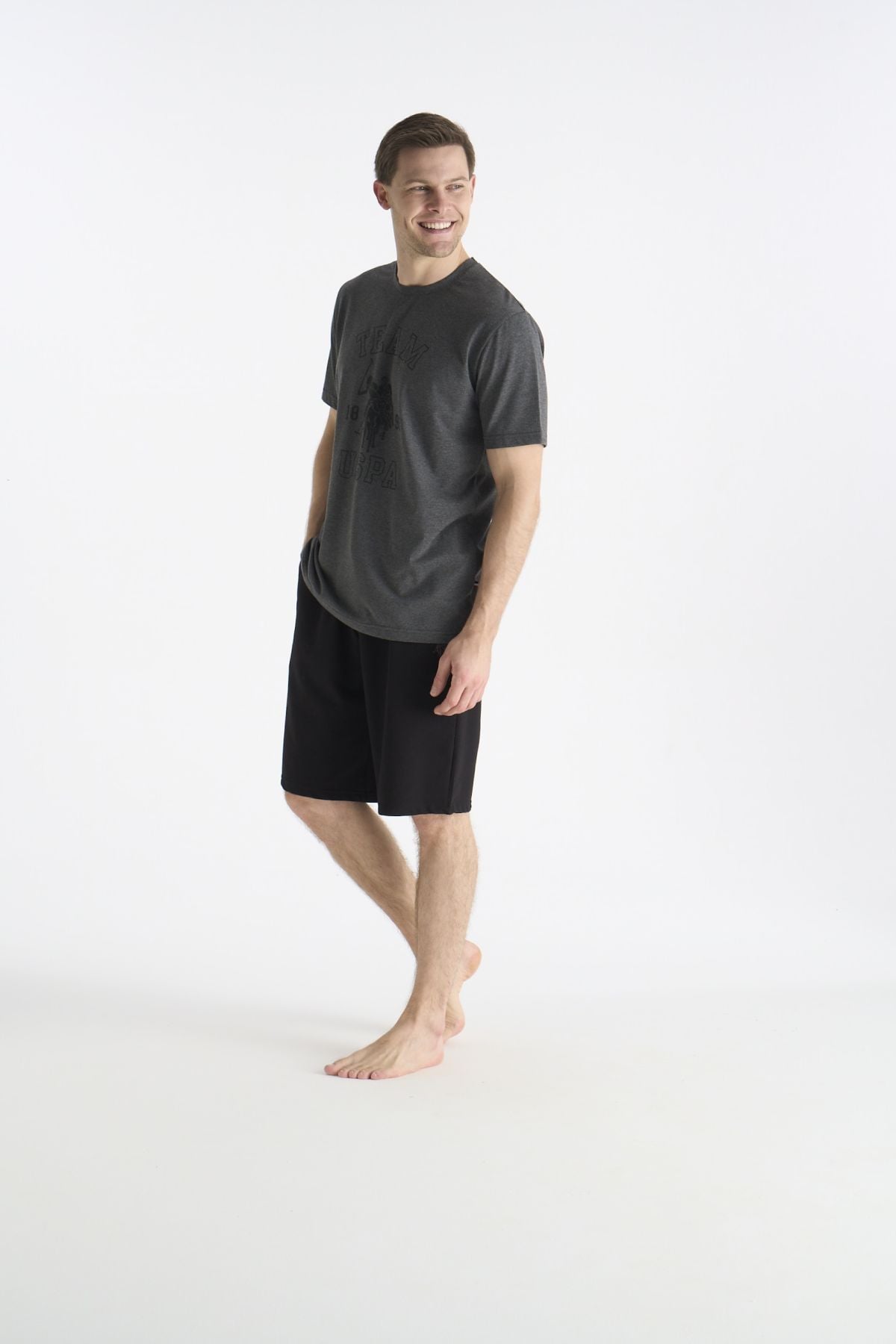 U.S. Polo Assn. 19021 Erkek Antrasıt Melanj Kısa Kollu Yuvarlak Yaka Şort Takımı