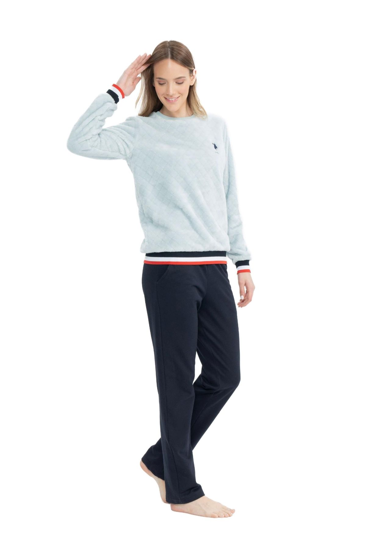 U.S. Polo Assn. 17079 Kadın Mavi Uzun Kollu Yuvarlak Yaka Pijama Takım