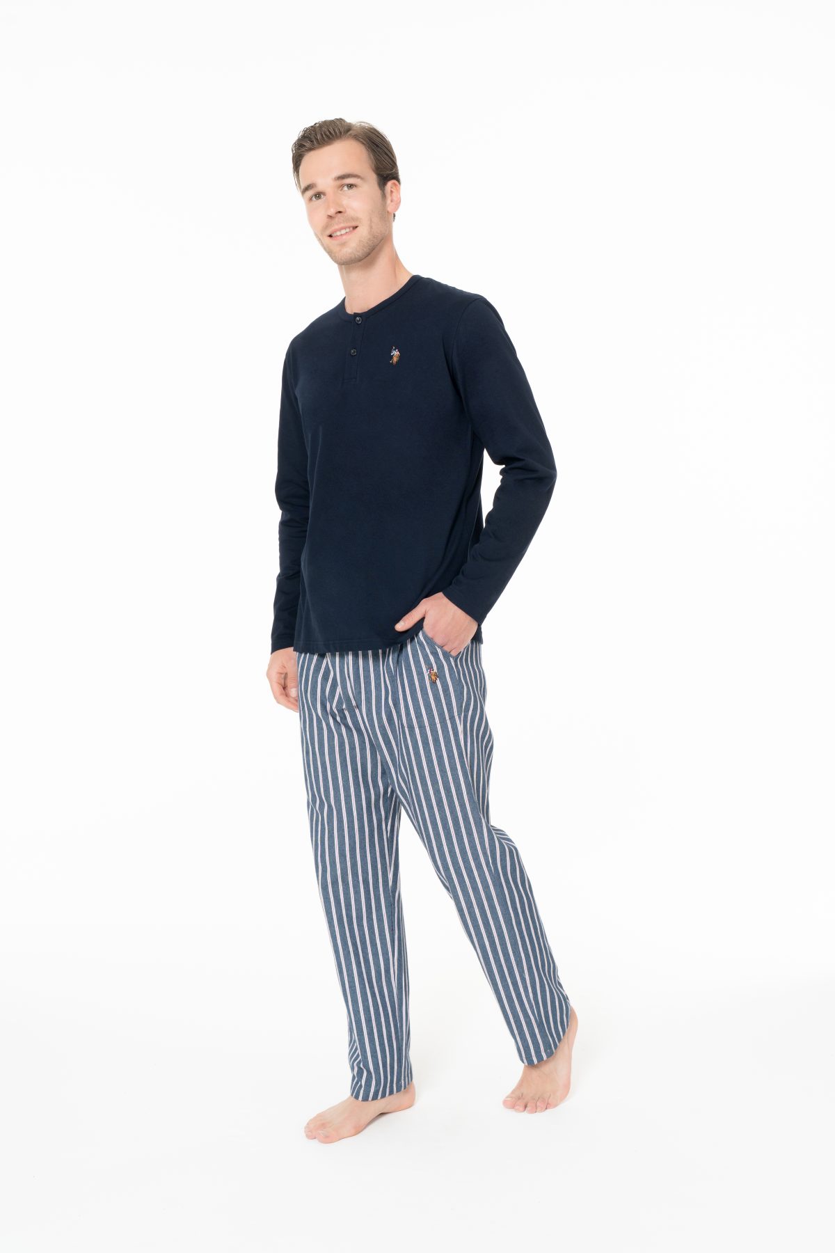 U.S. Polo Assn. 18987 Erkek Lacıvert Yuvarlak Yaka Patlı Uzun Kollu Pijama Takımı