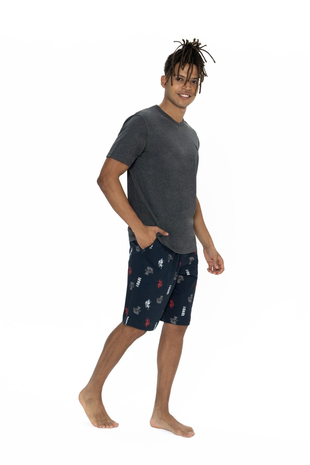 U.S. Polo Assn. 18867 Erkek Antrasıt Melanj Yarım Kollu Bisiklet Yaka Desenli Şort Takım