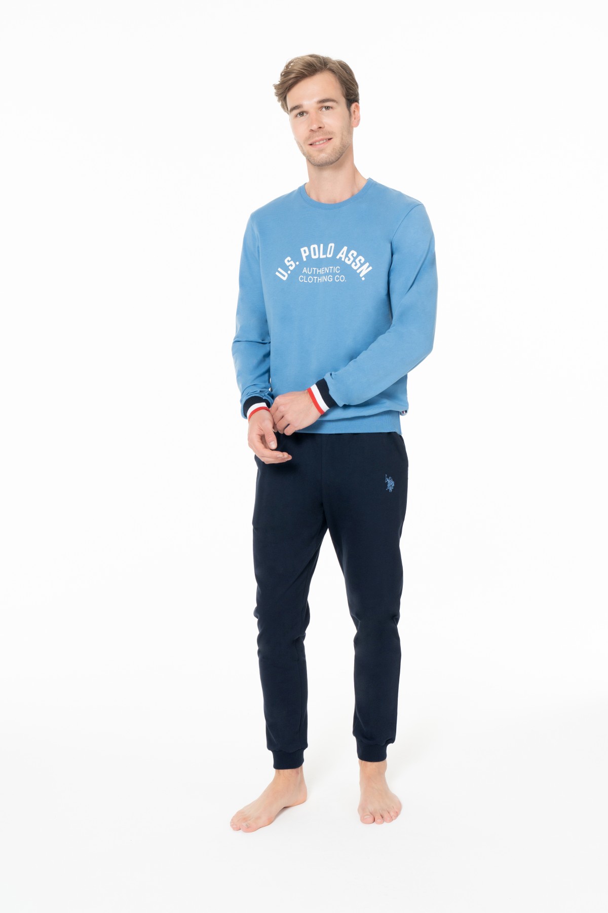 U.S. Polo Assn. 18943 Erkek Mavı Yuvarlak Yaka Uzun Kollu Pijama Takımı
