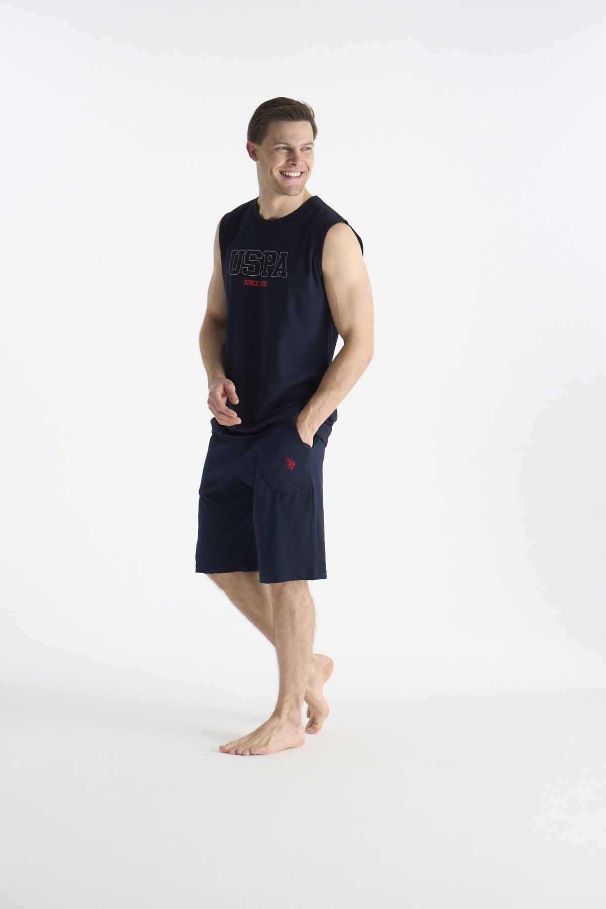 U.S. Polo Assn. 19010 Erkek Lacıvert Sıfır Kollu Yuvarlak Yaka Şort Takımı