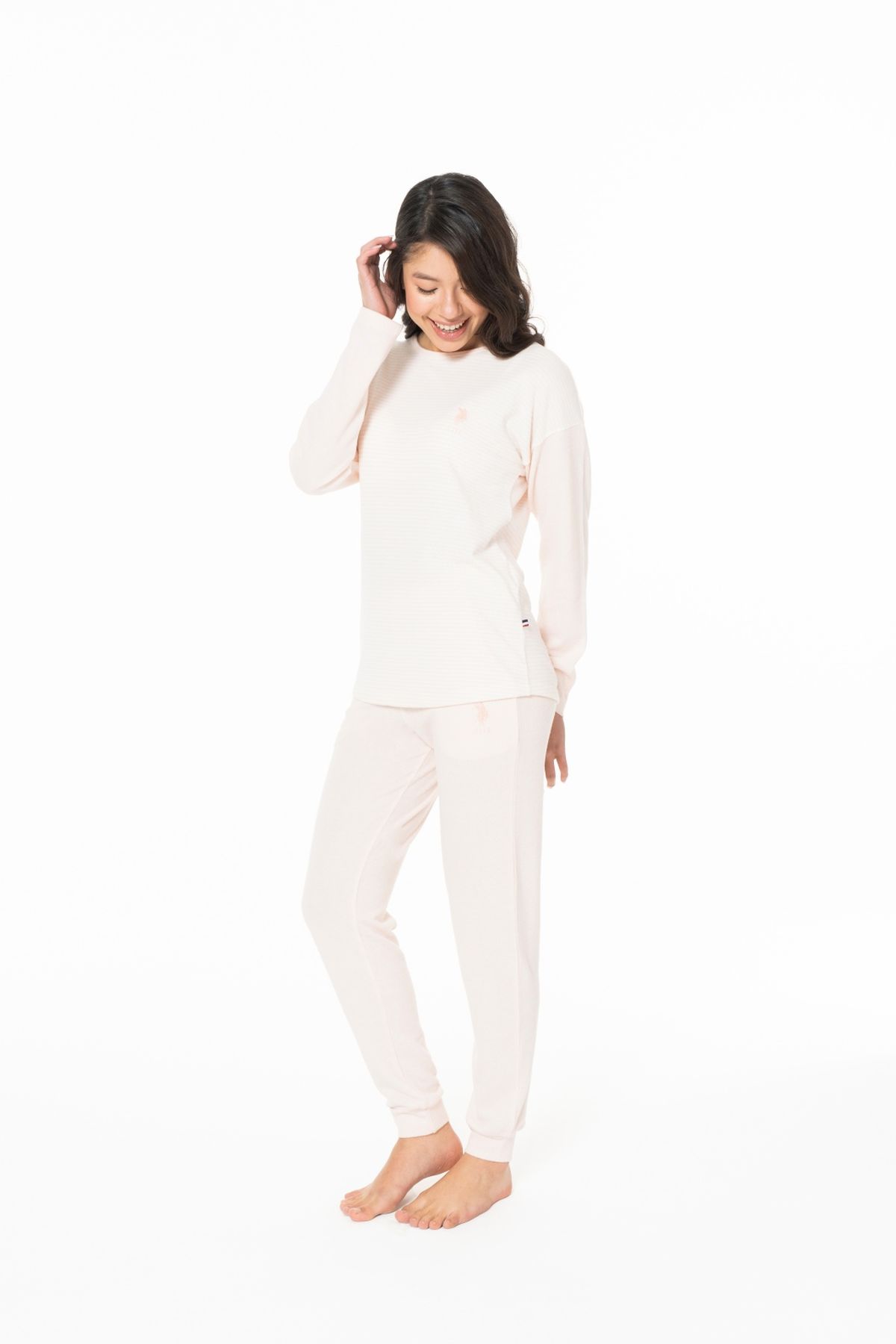 U.S. Polo Assn. 20129 Kadın Pembe Melanj Yuvarlak Yaka Uzun Kollu Pijama Takımı