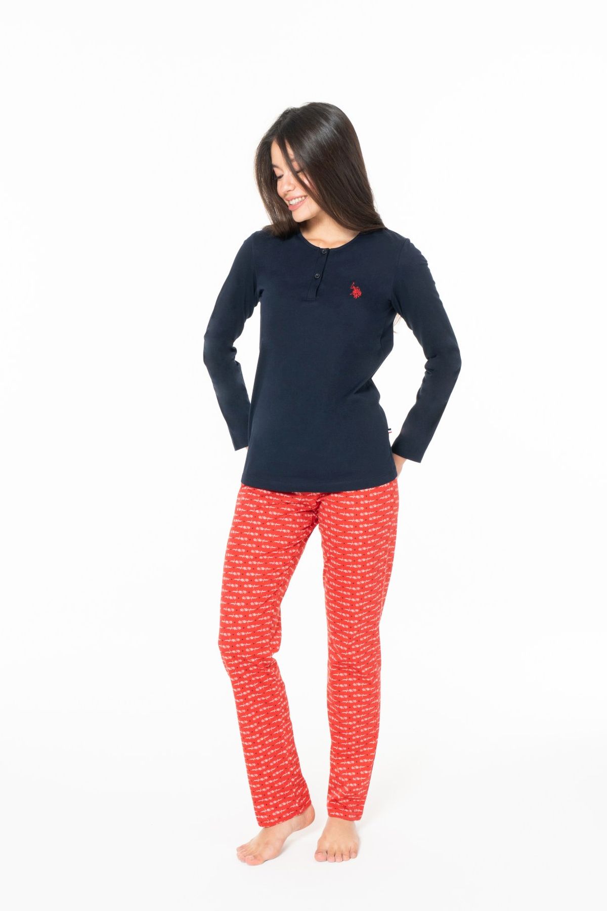 U.S. Polo Assn. 20146 Kadın Lacıvert Yuvarlak Yaka Uzun Kollu Pijama Takımı