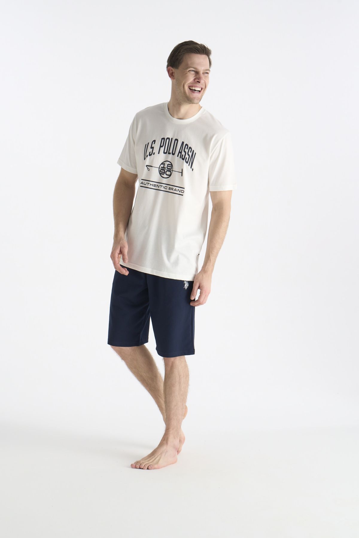 U.S. Polo Assn. 19018 Erkek Ekru Kısa Kollu Yuvarlak Yaka Şort Takımı