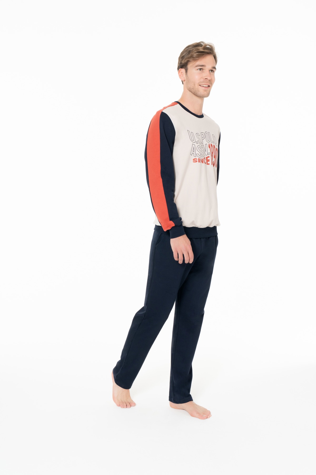 U.S. Polo Assn. 18939 Erkek Bej Yuvarlak Yaka Uzun Kollu Pijama Takımı