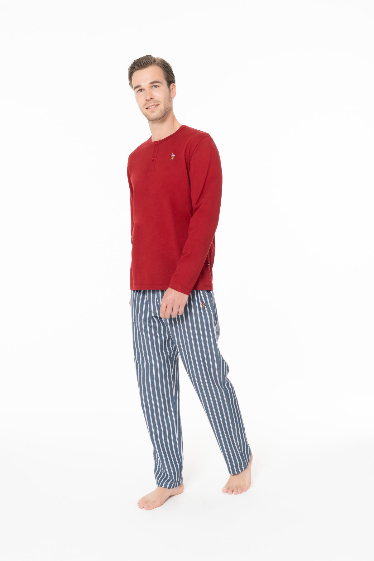 U.S. Polo Assn. 18987 Erkek Bordo Yuvarlak Yaka Patlı Uzun Kollu Pijama Takımı