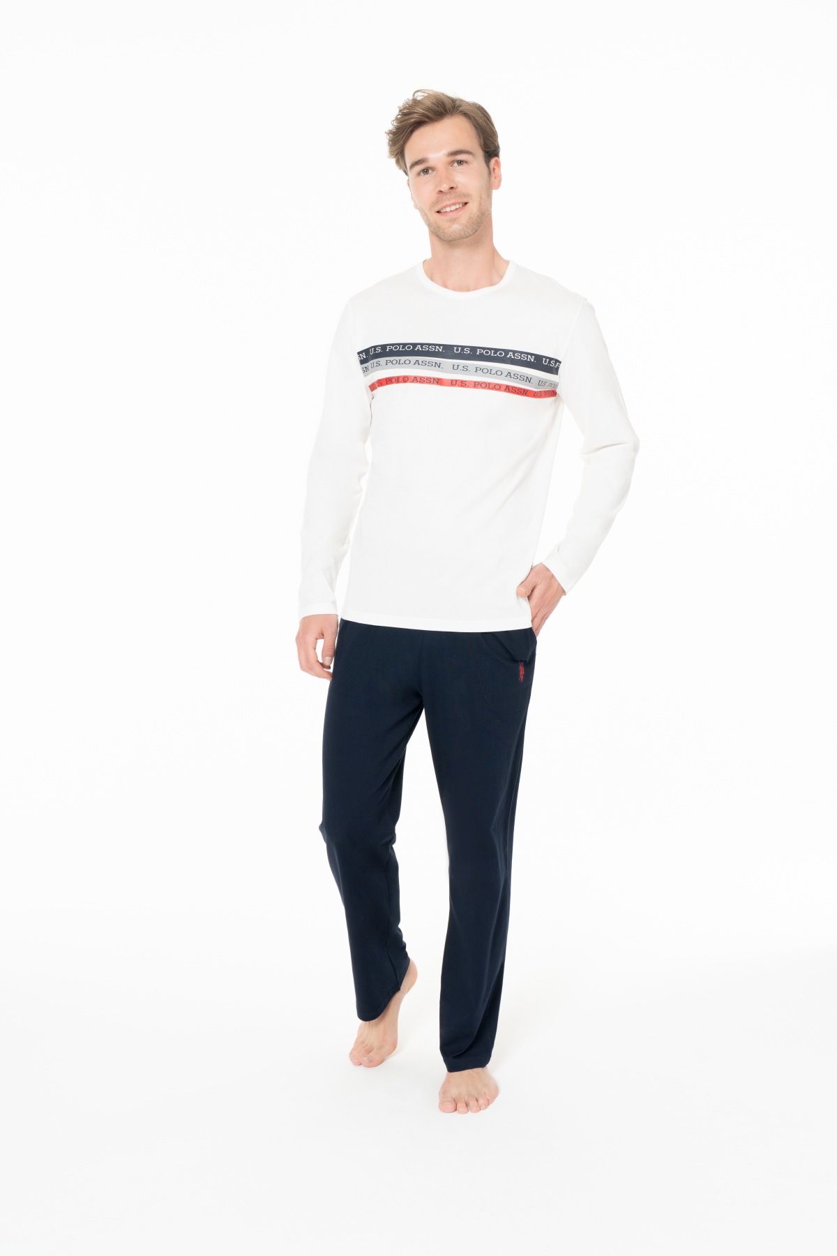 U.S. Polo Assn. 18947 Erkek Ekru Yuvarlak Yaka Uzun Kollu Pijama Takımı