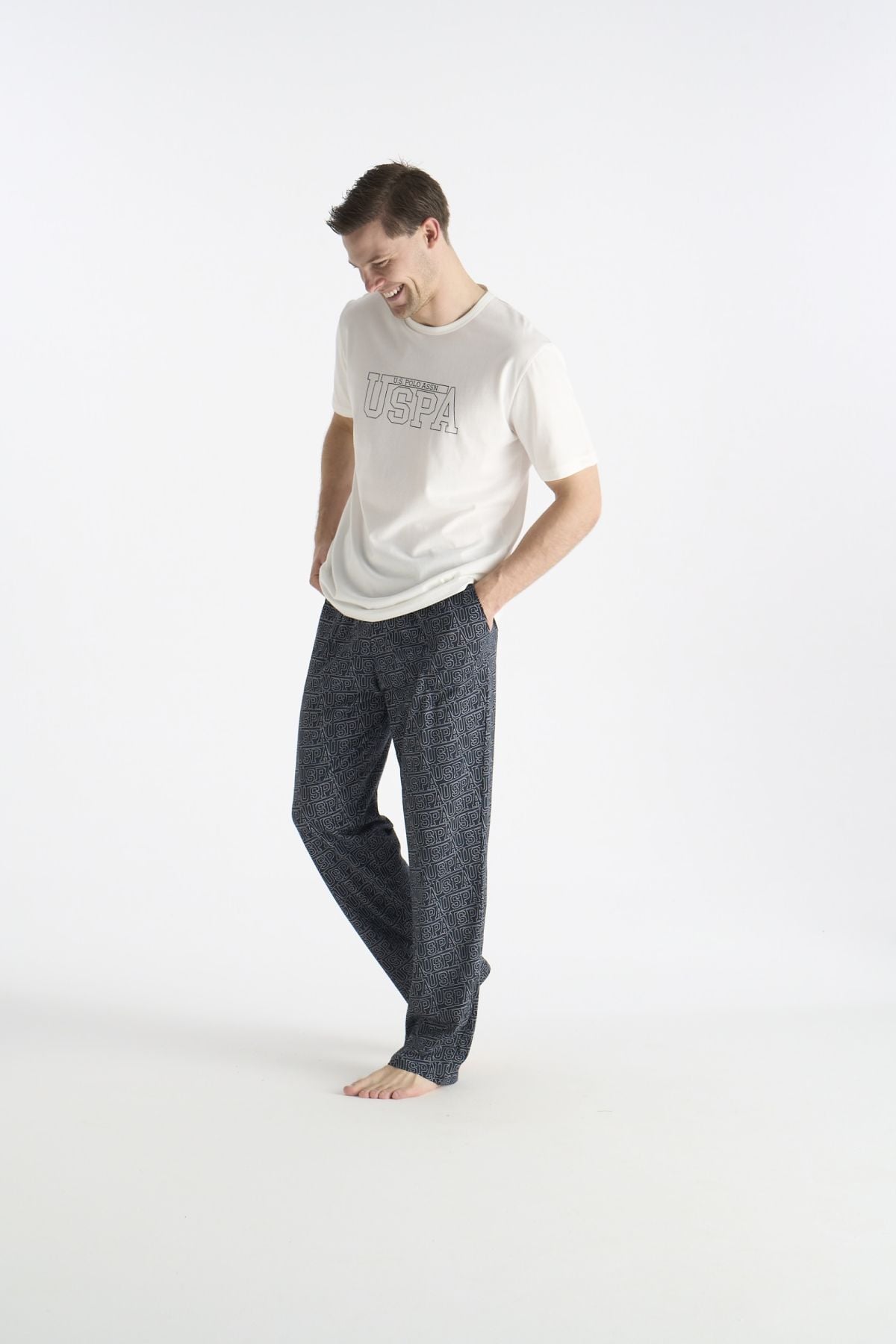 U.S. Polo Assn. 19049 Erkek Ekru Kısa Kollu Yuvarlak Yaka Pijama Takımı