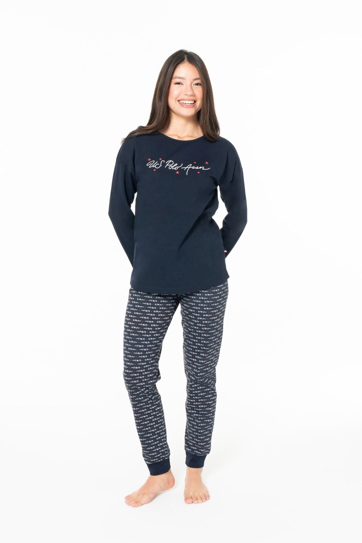 U.S. Polo Assn. 20147 Kadın Lacıvert Yuvarlak Yaka Uzun Kollu Pijama Takımı