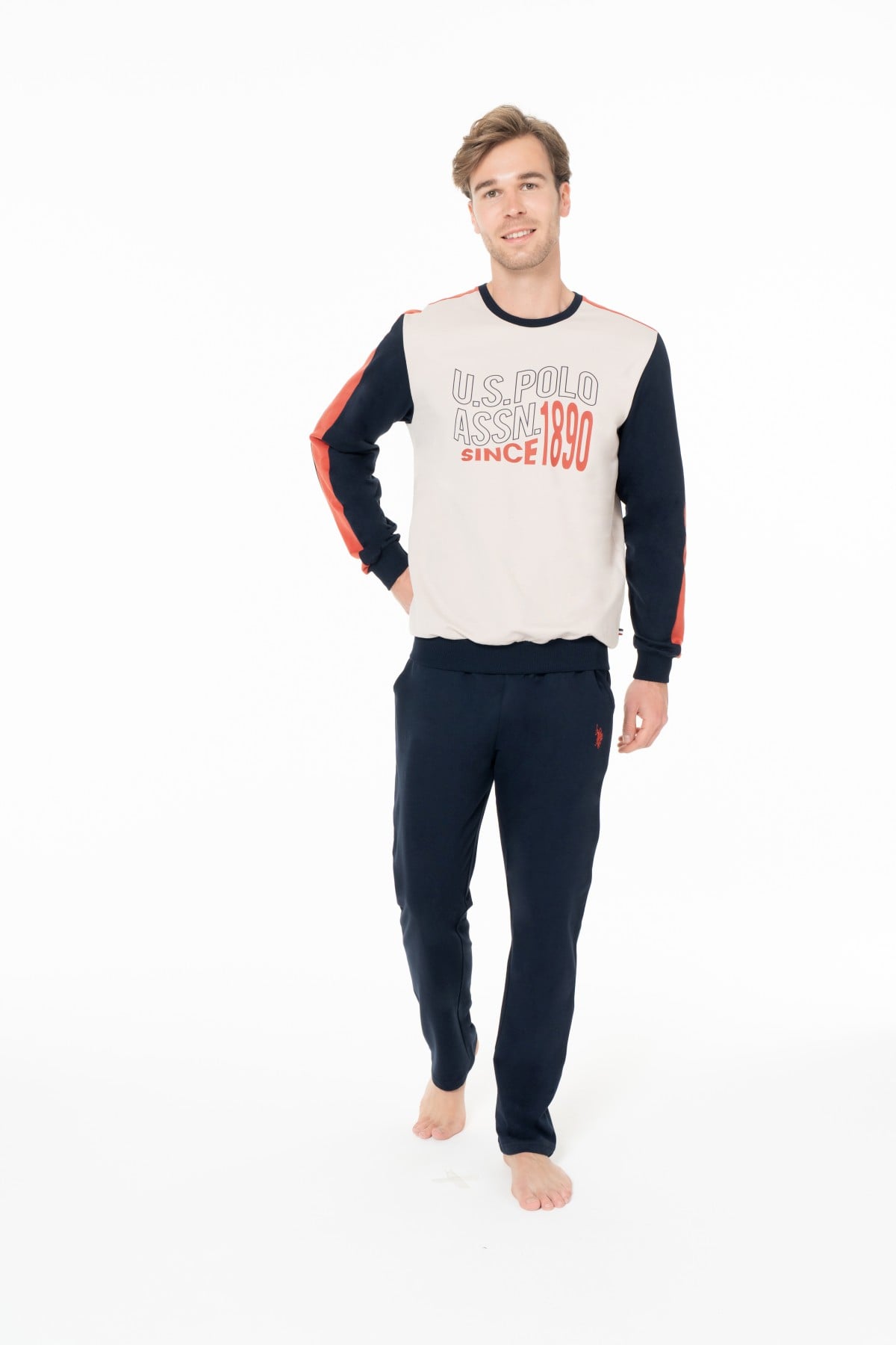 U.S. Polo Assn. 18939 Erkek Bej Yuvarlak Yaka Uzun Kollu Pijama Takımı