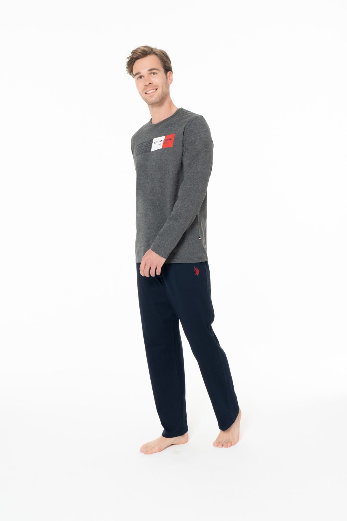 U.S. Polo Assn. 18945 Erkek Antrasıt Melanj Yuvarlak Yaka Uzun Kollu Pijama Takımı