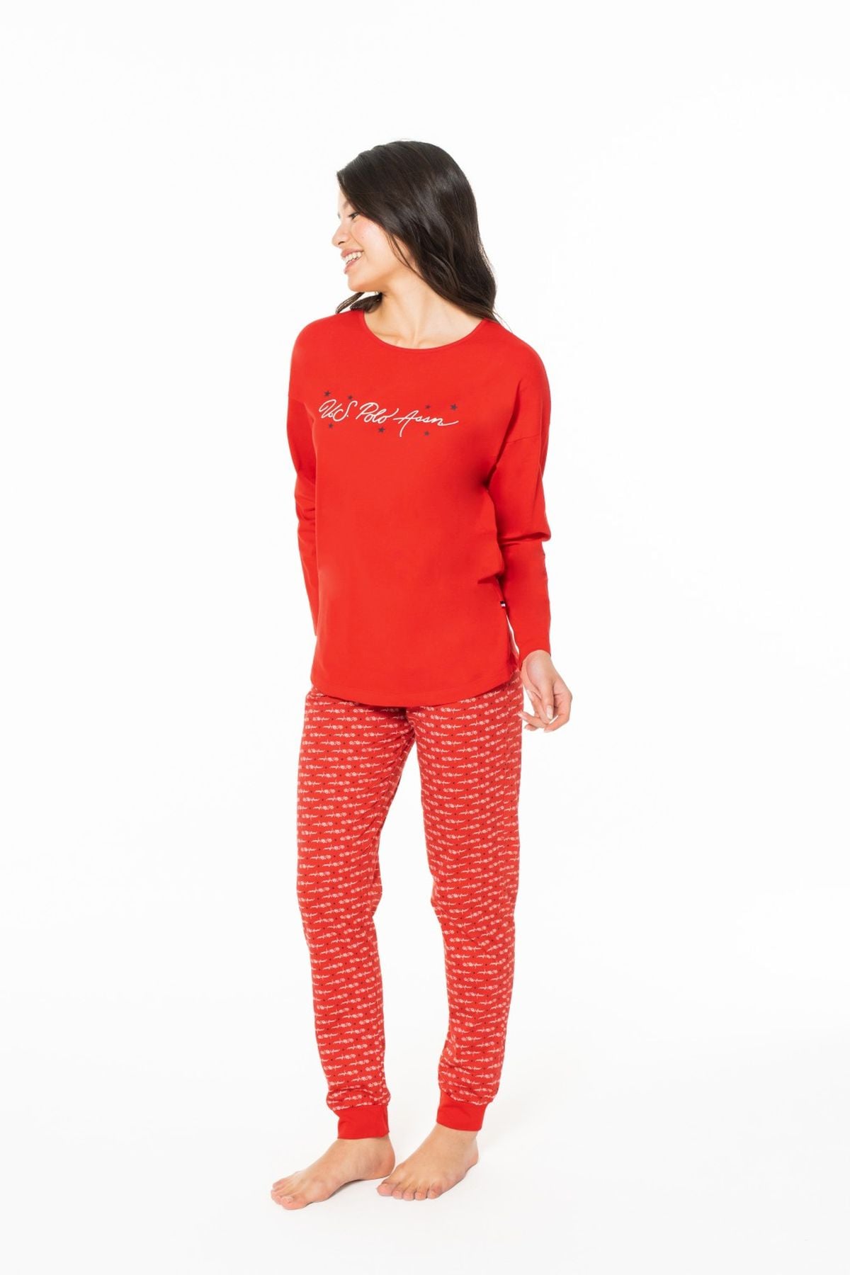 U.S. Polo Assn. 20147 Kadın Kırmızı Yuvarlak Yaka Uzun Kollu Pijama Takımı