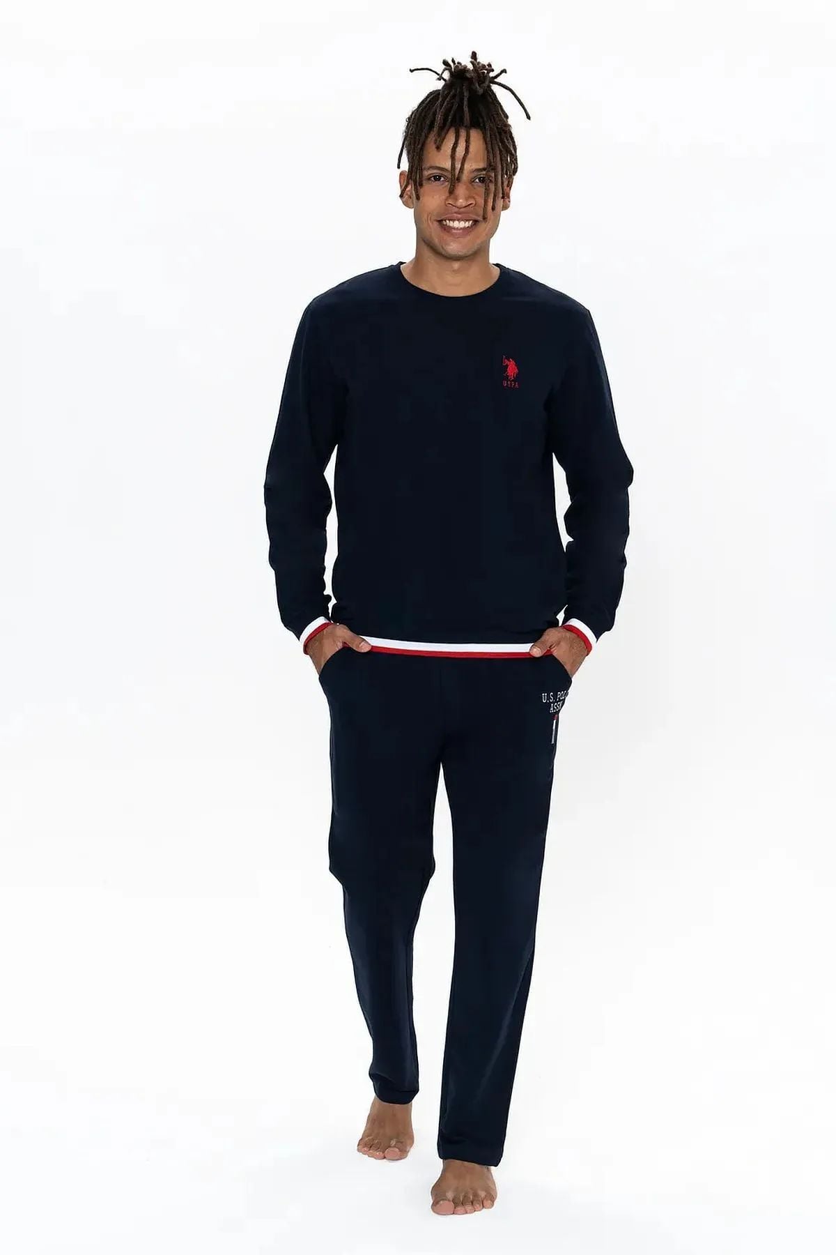 U.S. Polo Assn. 18920 Erkek Lacıvert Uzun Kollu Yuvarlak Yaka Manşetli Pijama Takımı