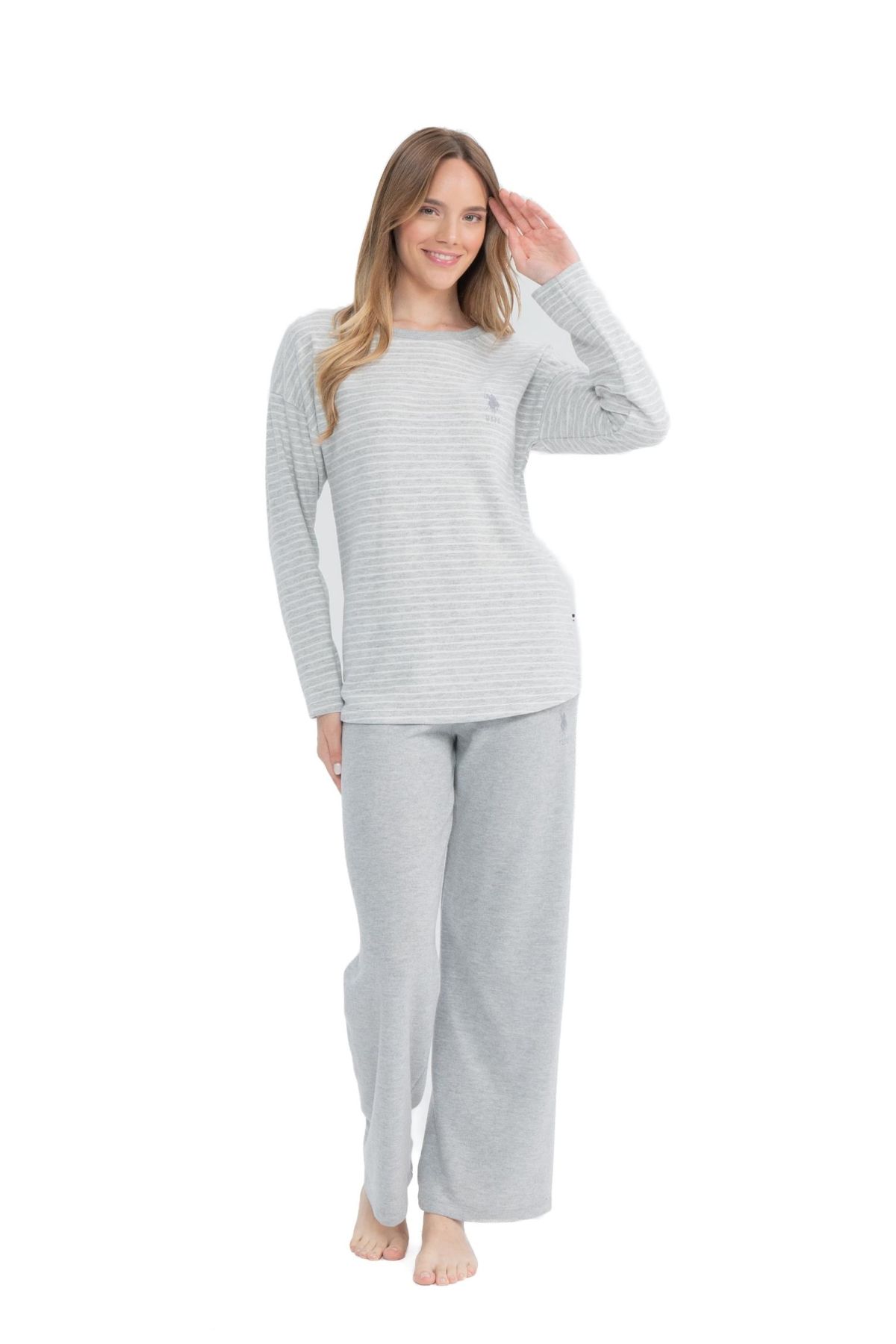 U.S. Polo Assn. 17083 Kadın Gri Melanj Uzun Kollu Yuvarlak Yaka Pijama Takım